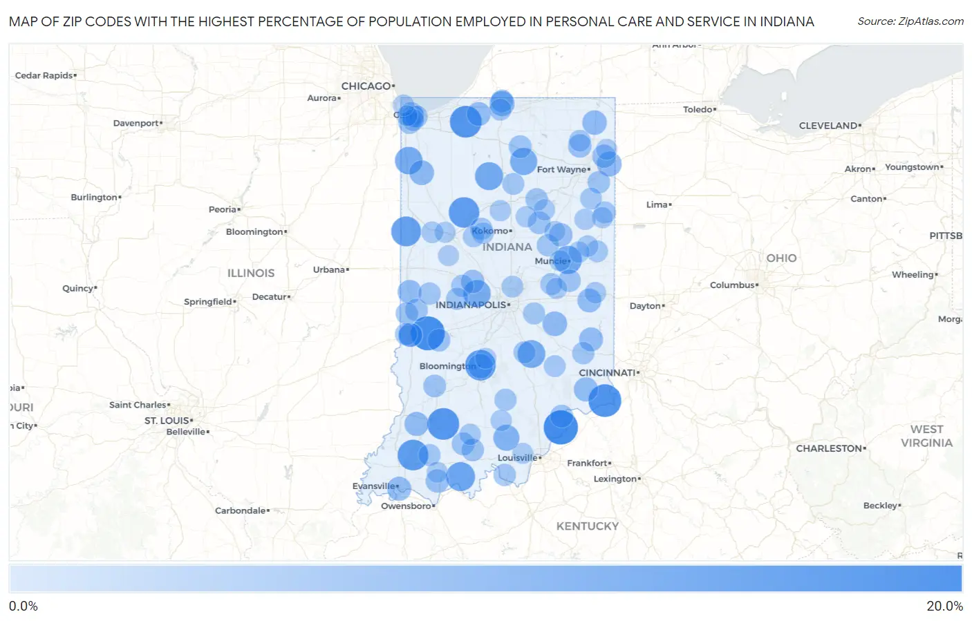 Zip Codes with the Highest Percentage of Population Employed in Personal Care and Service in Indiana Map