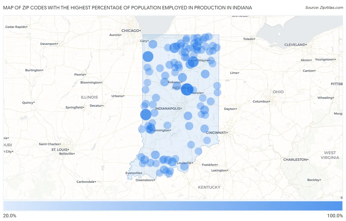 Zip Codes with the Highest Percentage of Population Employed in Production in Indiana Map