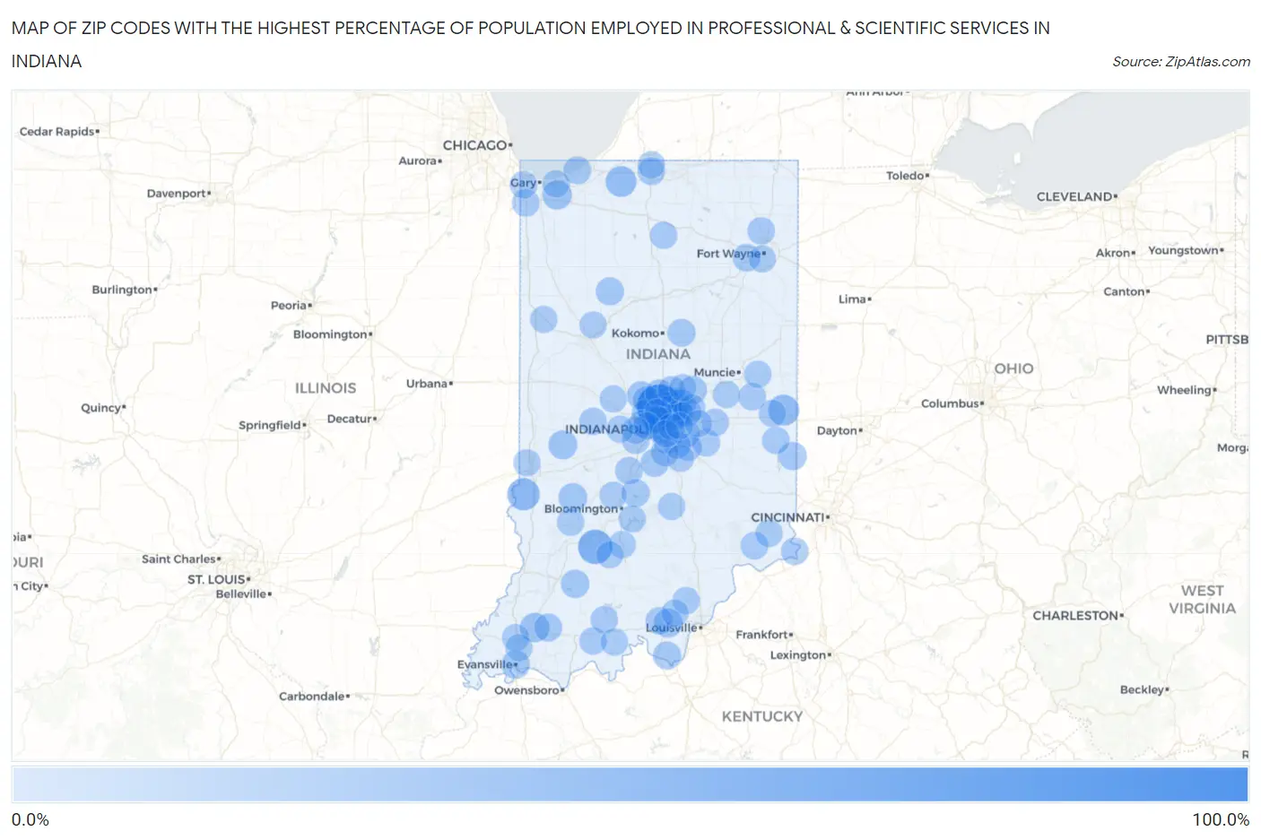 Zip Codes with the Highest Percentage of Population Employed in Professional & Scientific Services in Indiana Map