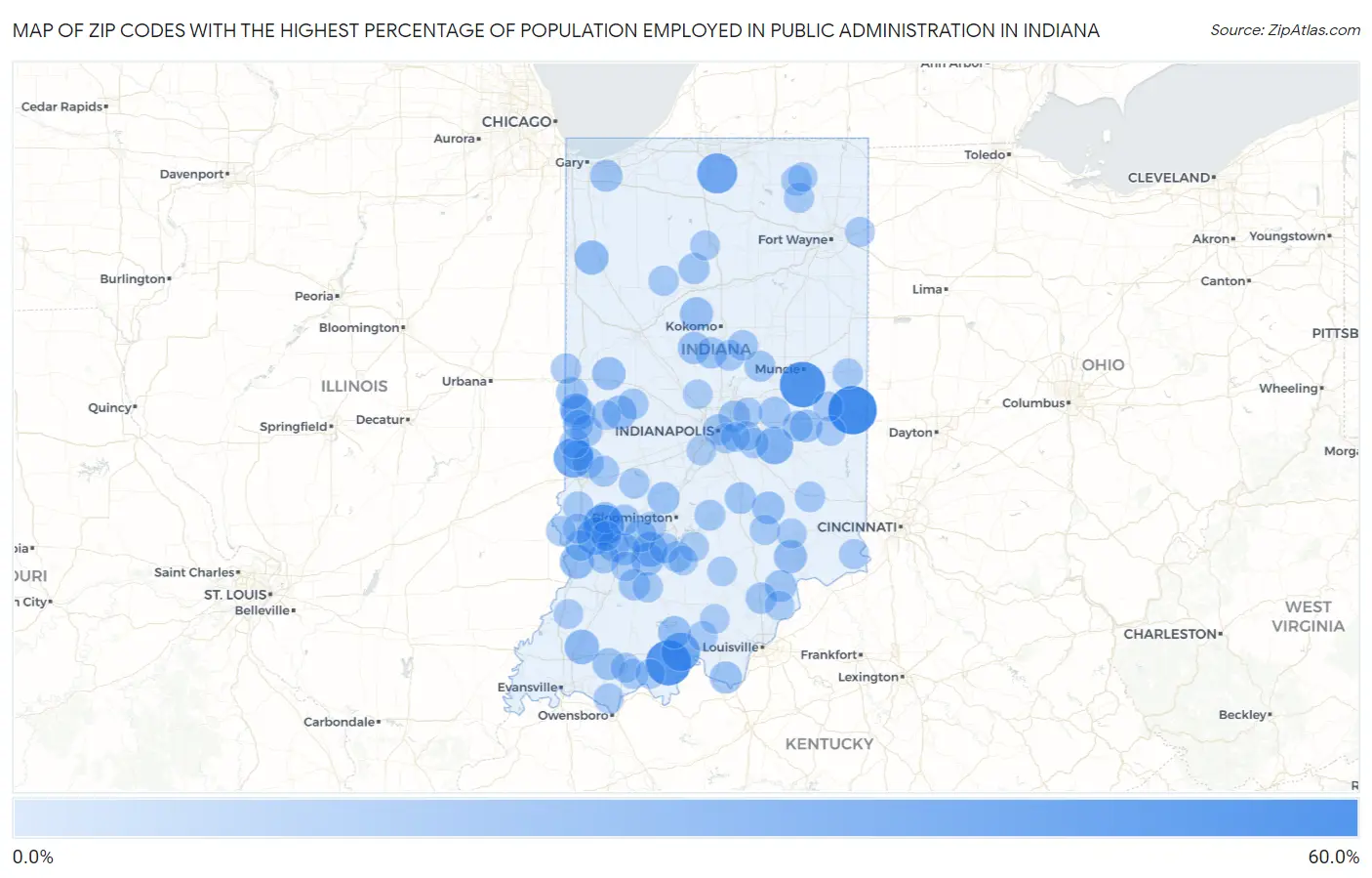 Zip Codes with the Highest Percentage of Population Employed in Public Administration in Indiana Map