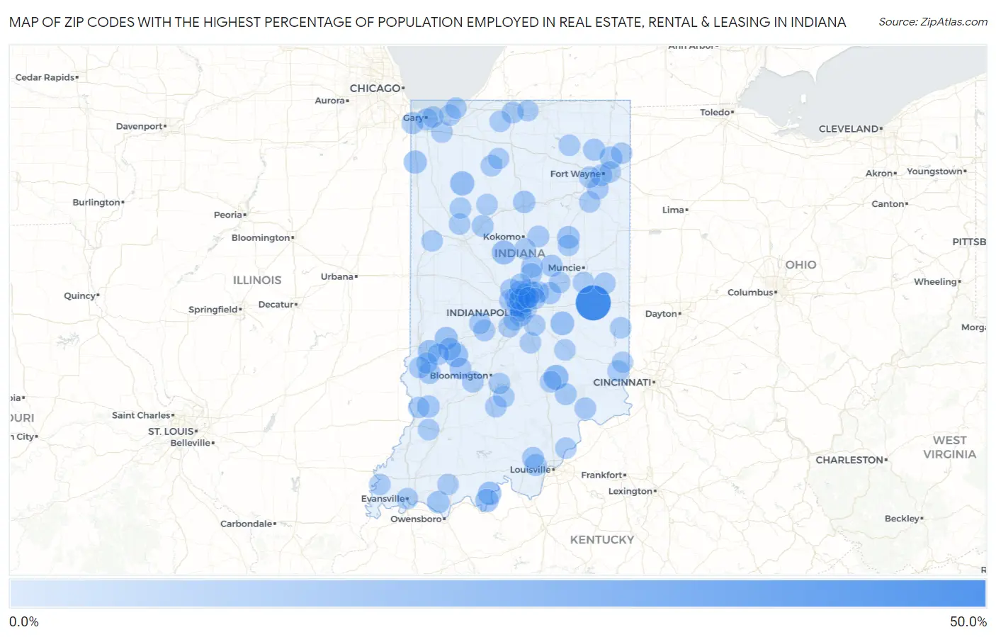 Zip Codes with the Highest Percentage of Population Employed in Real Estate, Rental & Leasing in Indiana Map