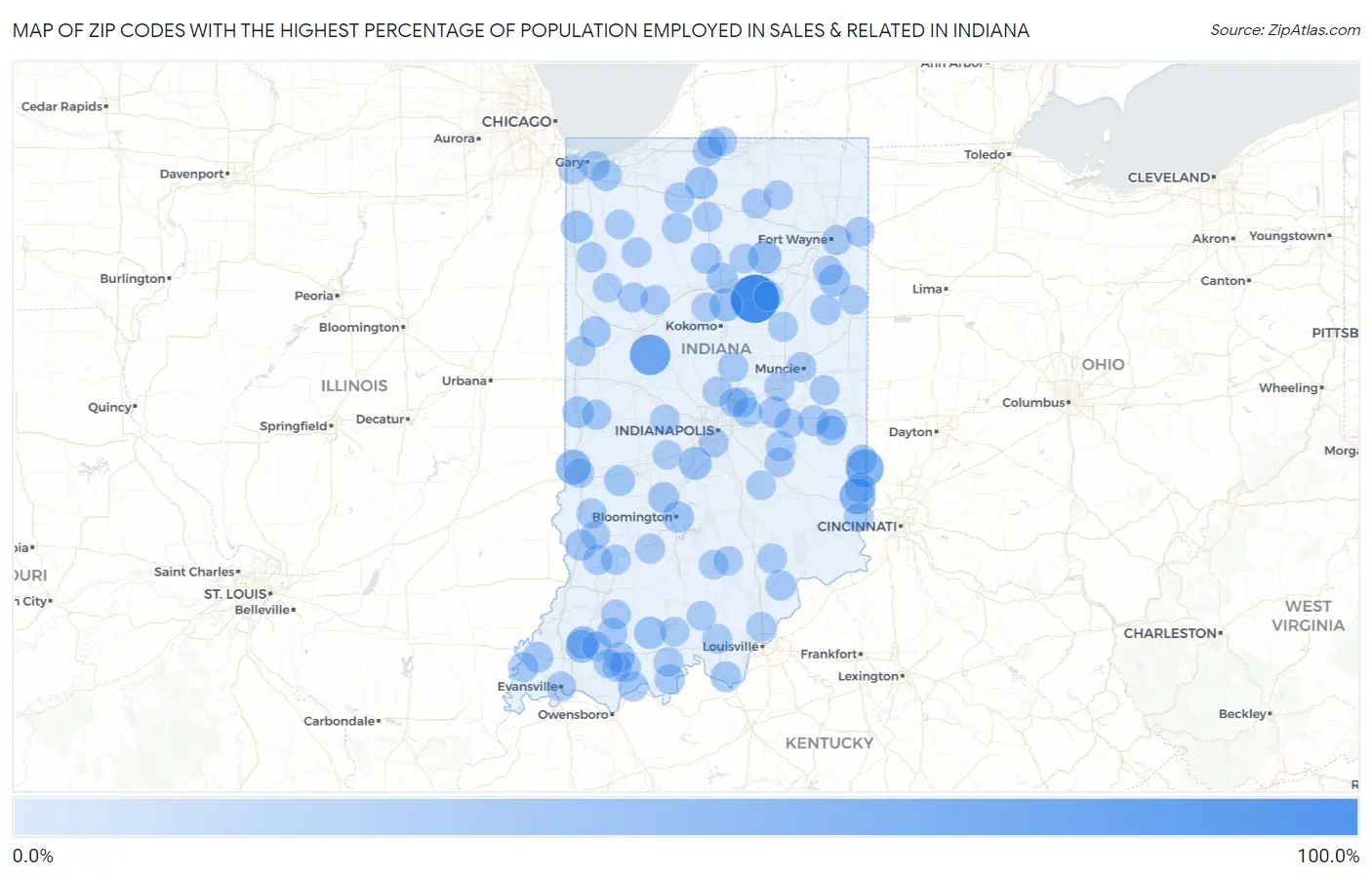 Zip Codes with the Highest Percentage of Population Employed in Sales & Related in Indiana Map
