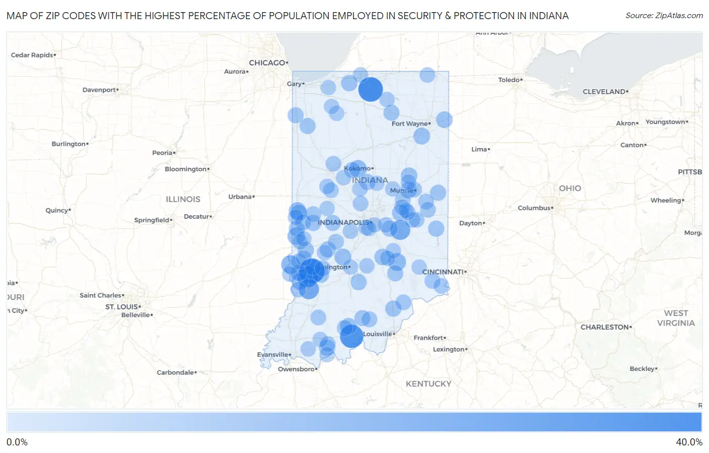 Zip Codes with the Highest Percentage of Population Employed in Security & Protection in Indiana Map