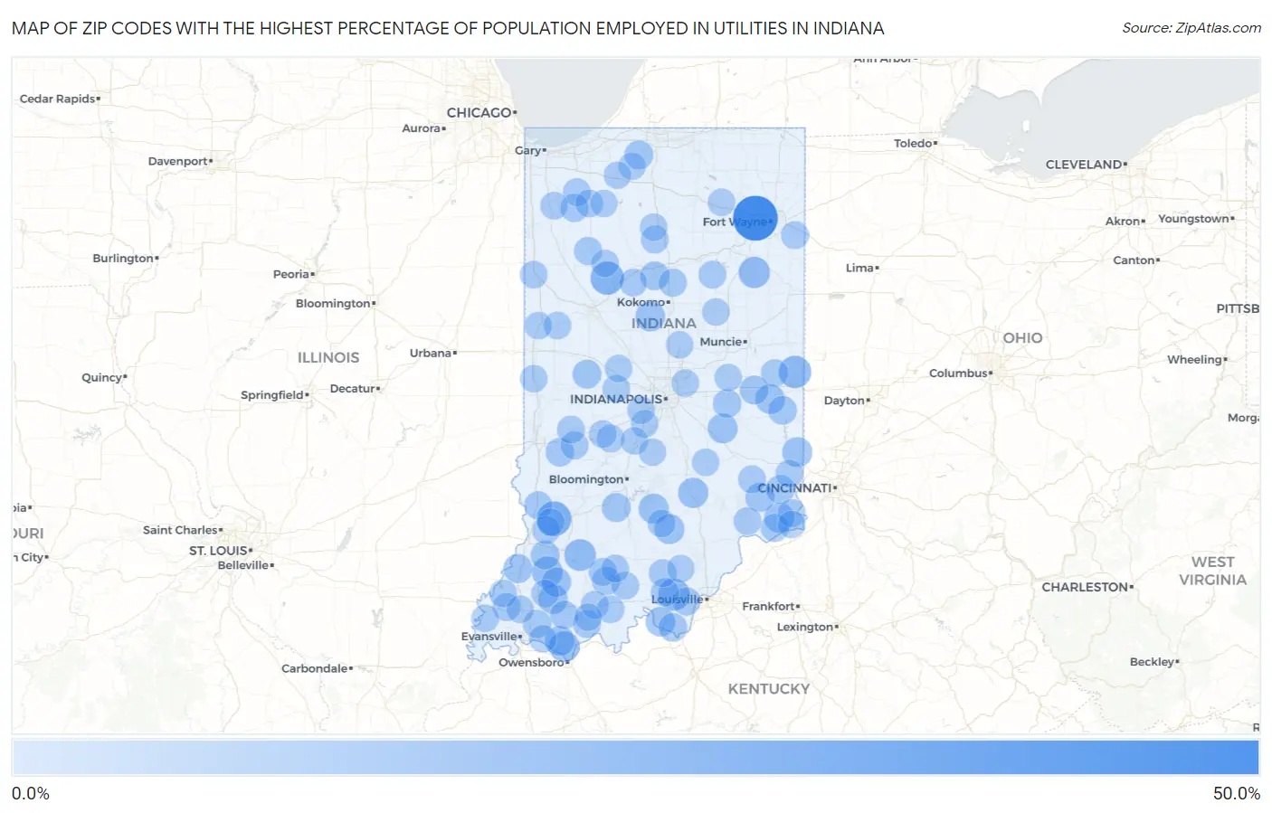 Zip Codes with the Highest Percentage of Population Employed in Utilities in Indiana Map