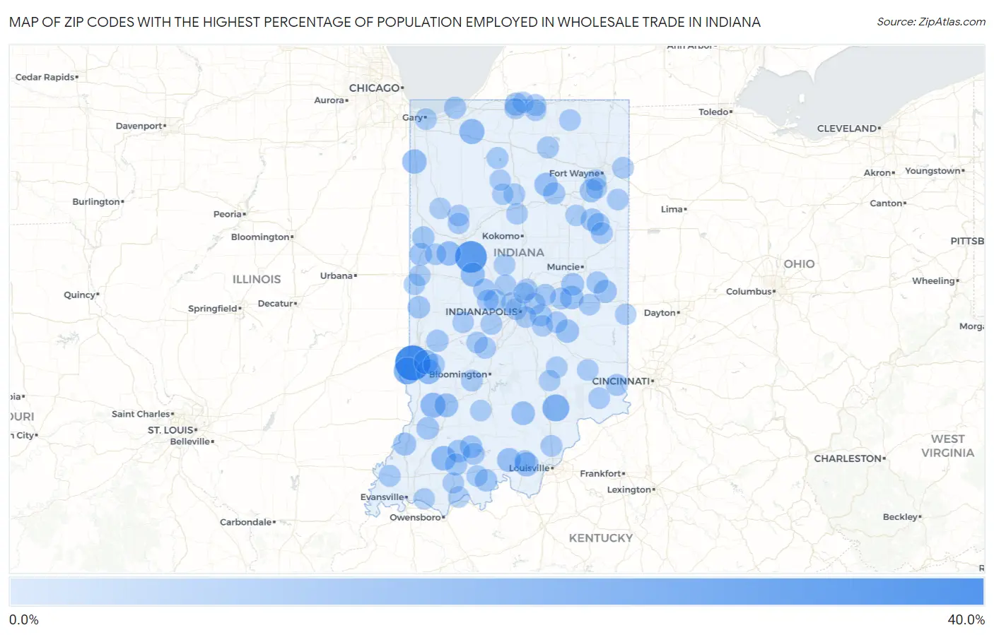 Zip Codes with the Highest Percentage of Population Employed in Wholesale Trade in Indiana Map