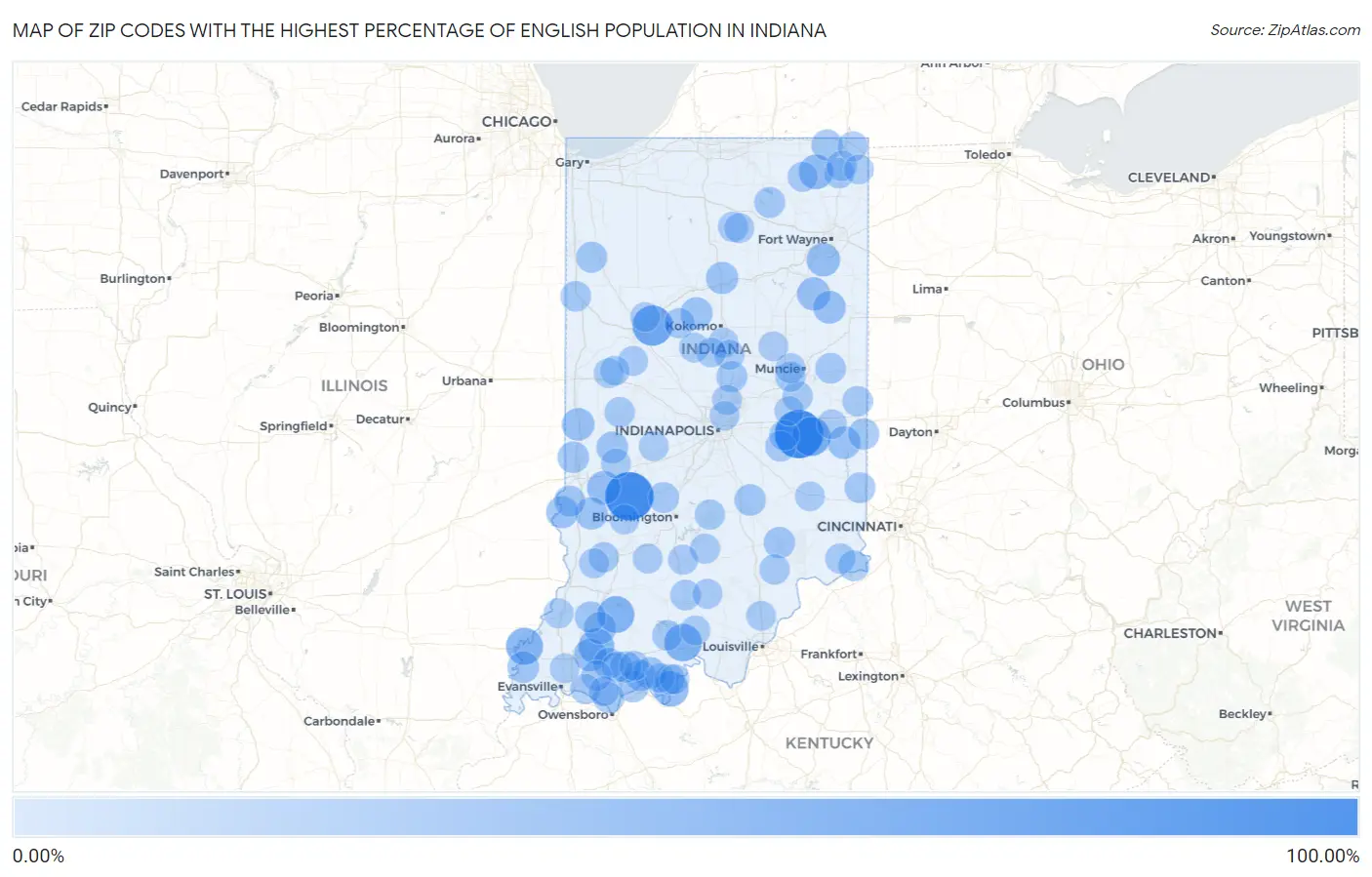 Zip Codes with the Highest Percentage of English Population in Indiana Map