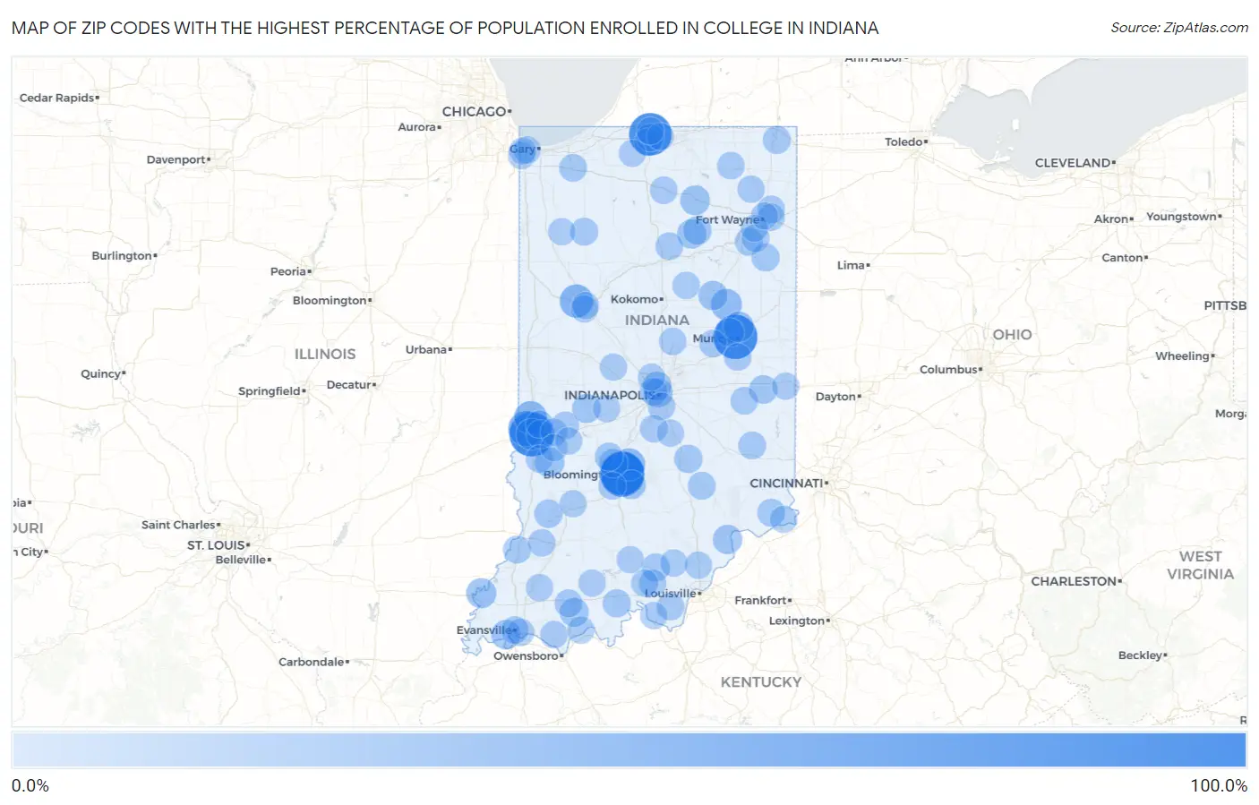 Zip Codes with the Highest Percentage of Population Enrolled in College in Indiana Map