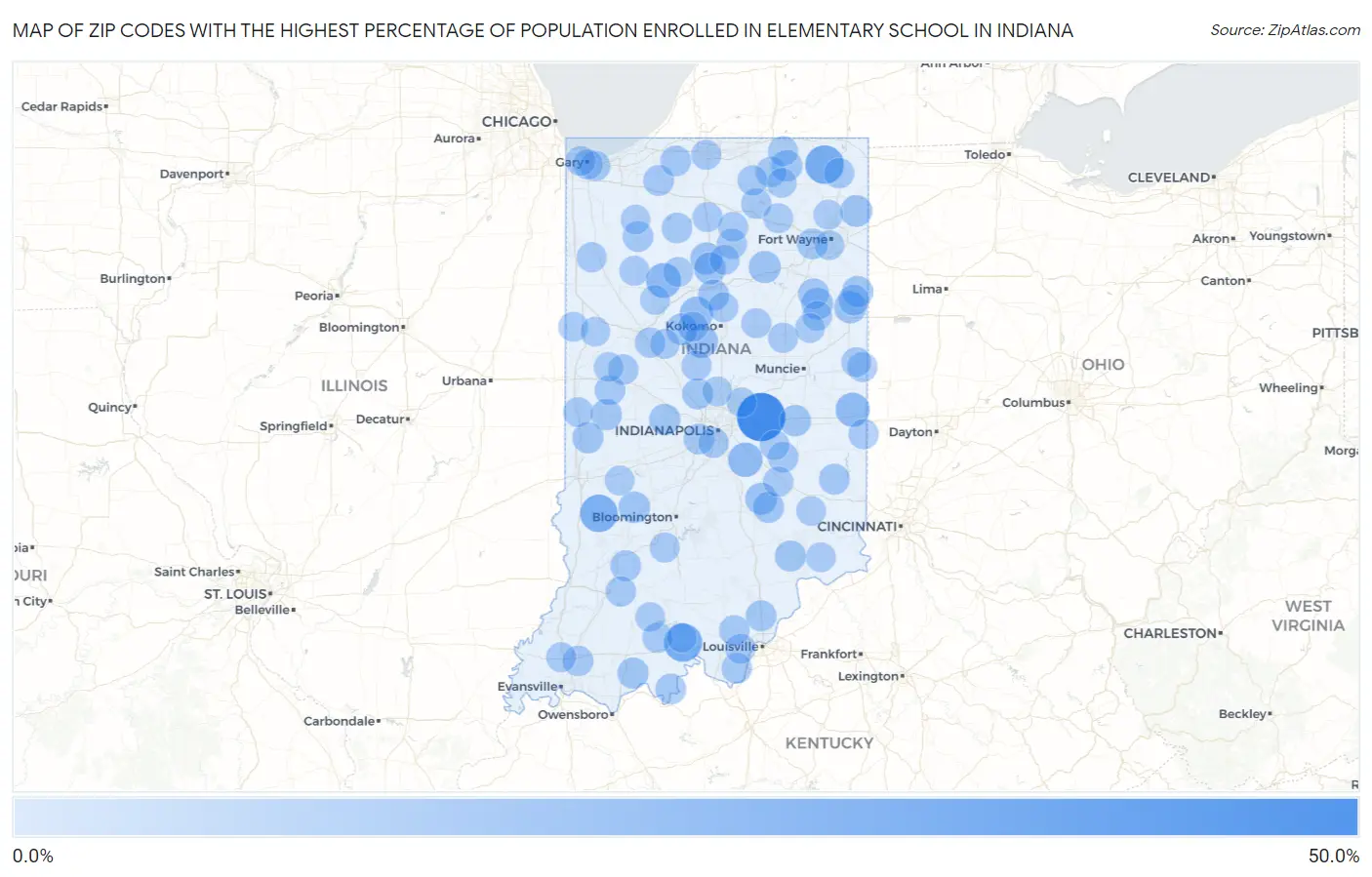 Zip Codes with the Highest Percentage of Population Enrolled in Elementary School in Indiana Map