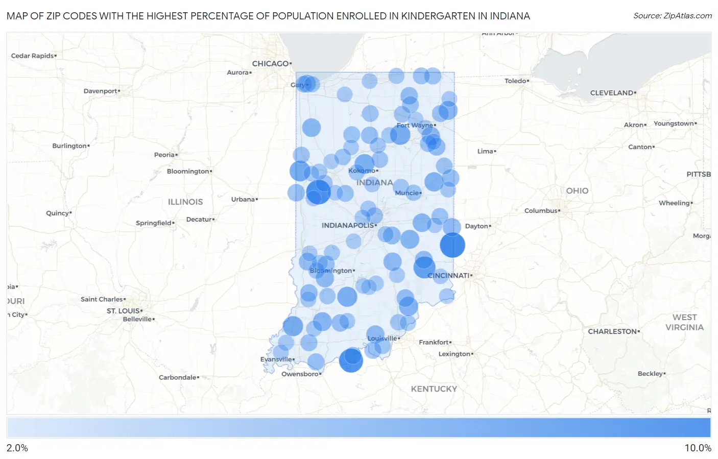Zip Codes with the Highest Percentage of Population Enrolled in Kindergarten in Indiana Map