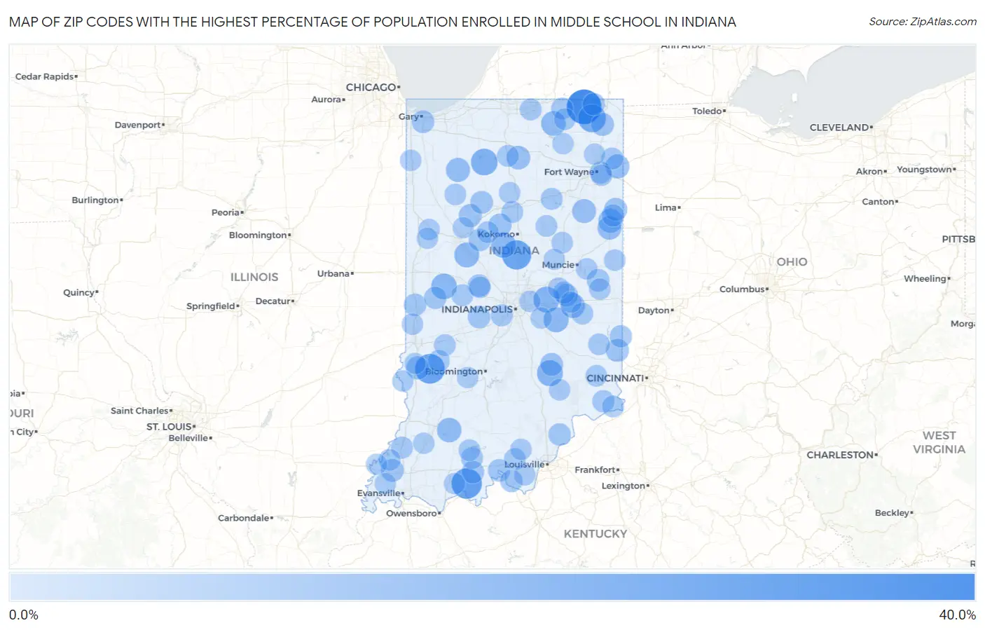Zip Codes with the Highest Percentage of Population Enrolled in Middle School in Indiana Map