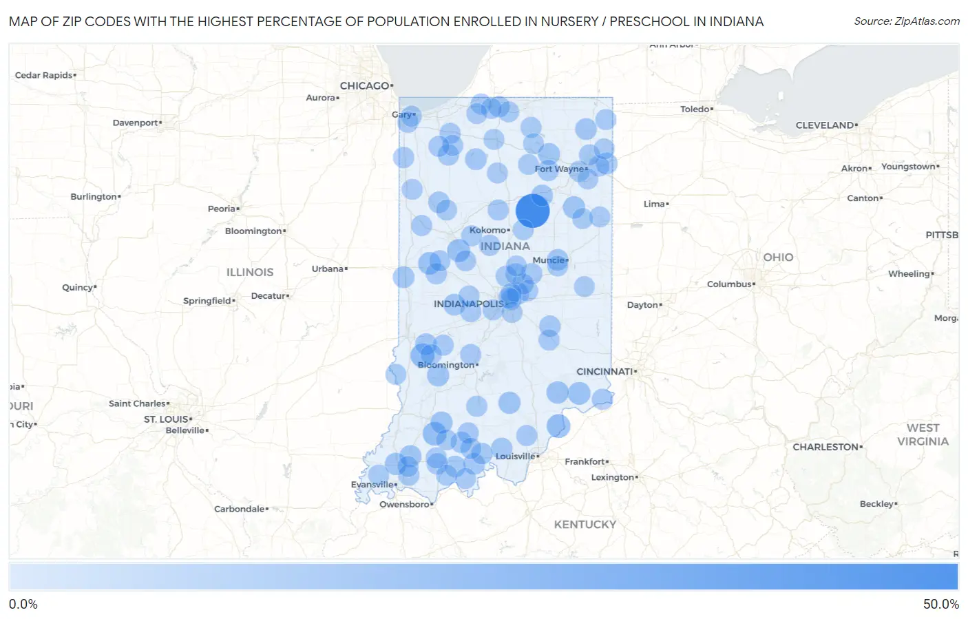 Zip Codes with the Highest Percentage of Population Enrolled in Nursery / Preschool in Indiana Map