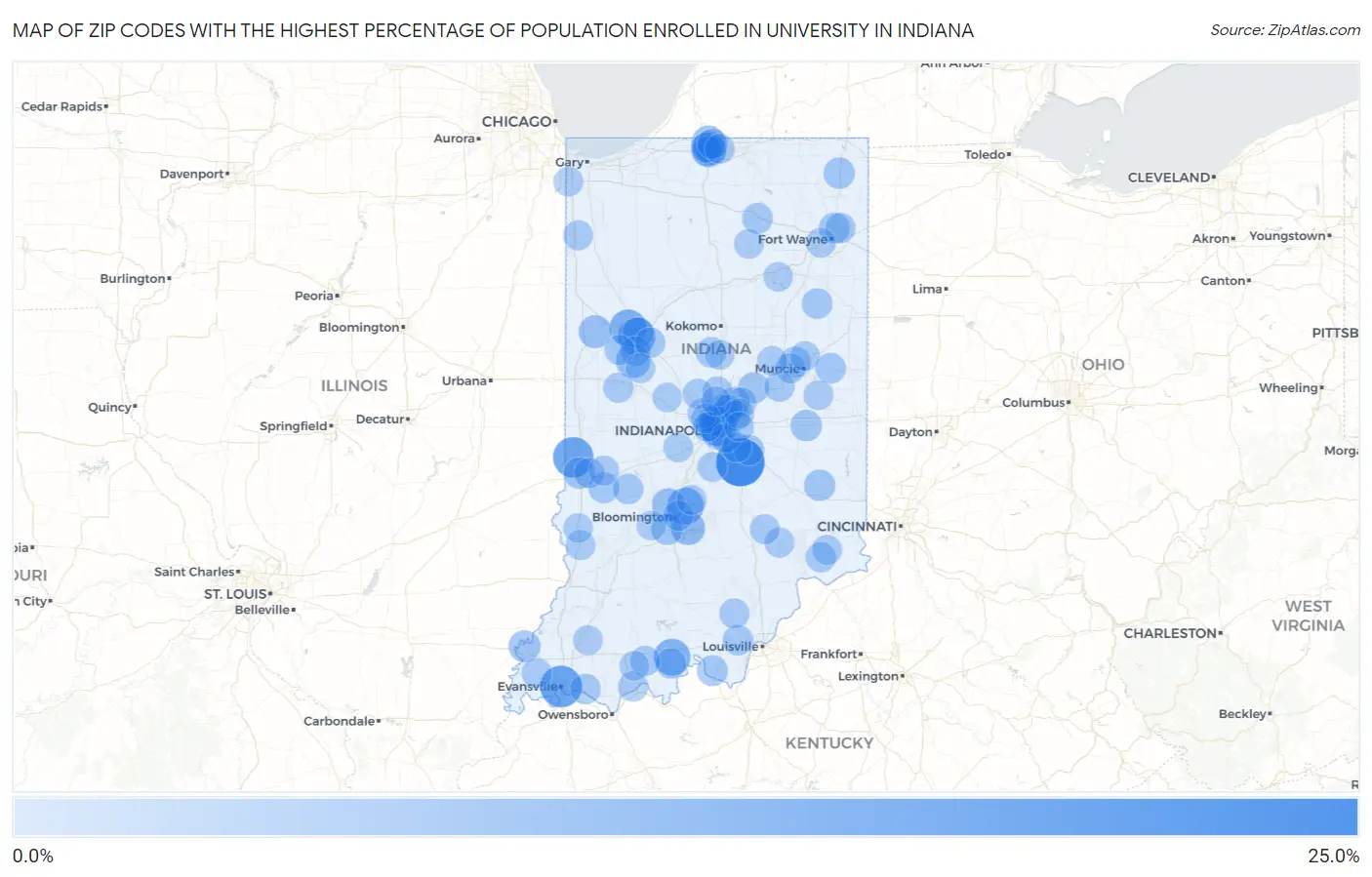 Zip Codes with the Highest Percentage of Population Enrolled in University in Indiana Map