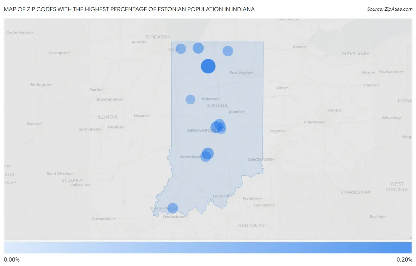 Zip Codes with the Highest Percentage of Estonian Population in Indiana Map
