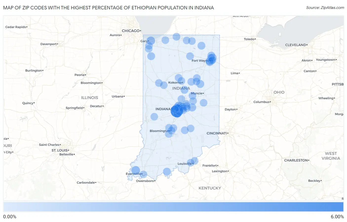 Zip Codes with the Highest Percentage of Ethiopian Population in Indiana Map