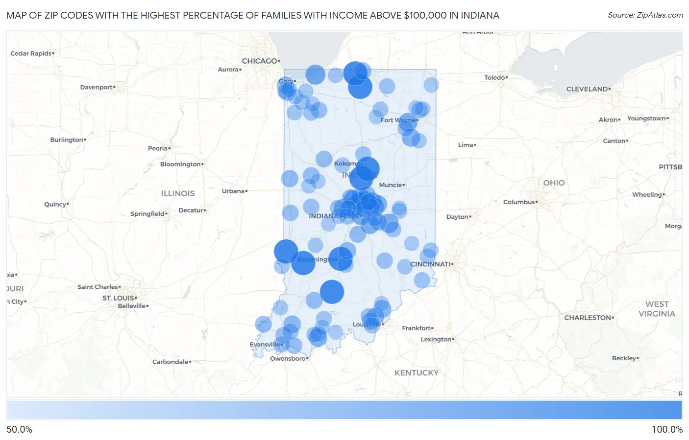 Zip Codes with the Highest Percentage of Families with Income Above $100,000 in Indiana Map