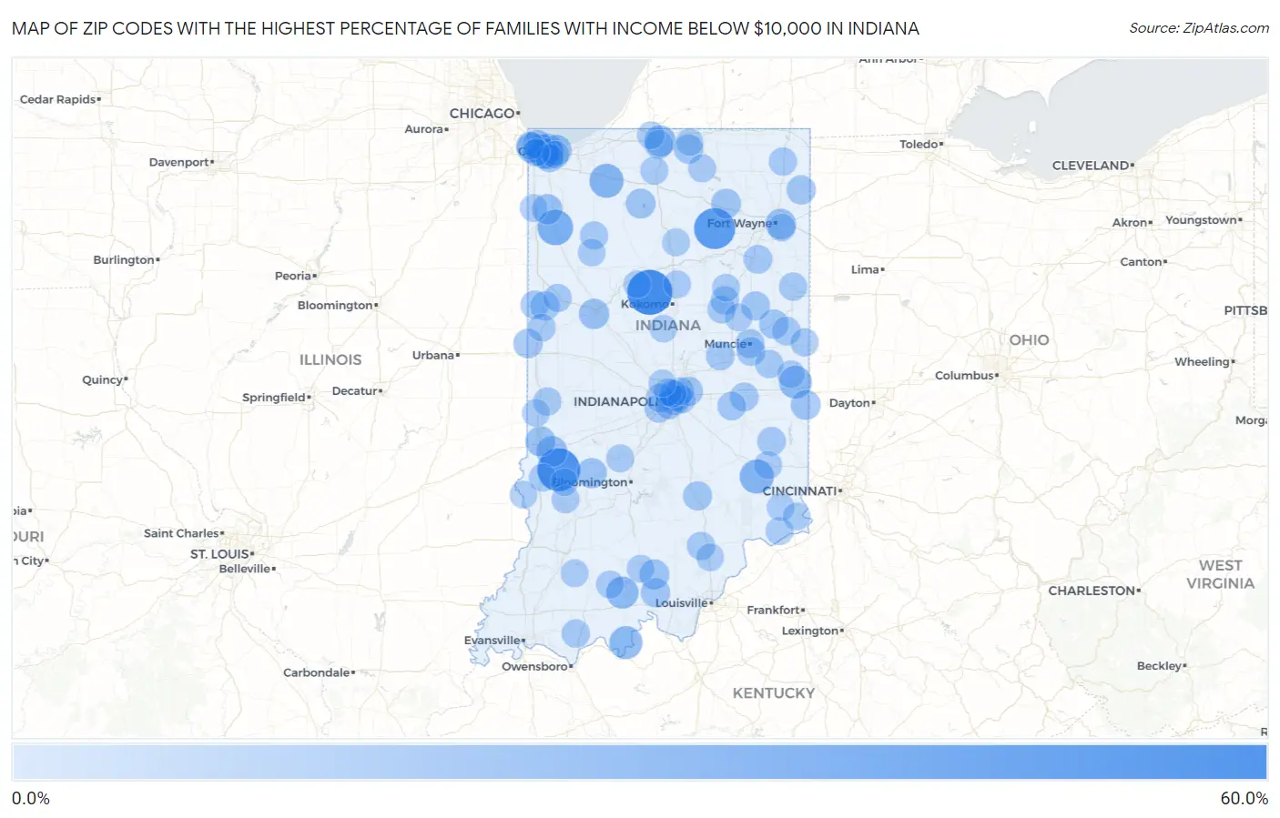 Zip Codes with the Highest Percentage of Families with Income Below $10,000 in Indiana Map