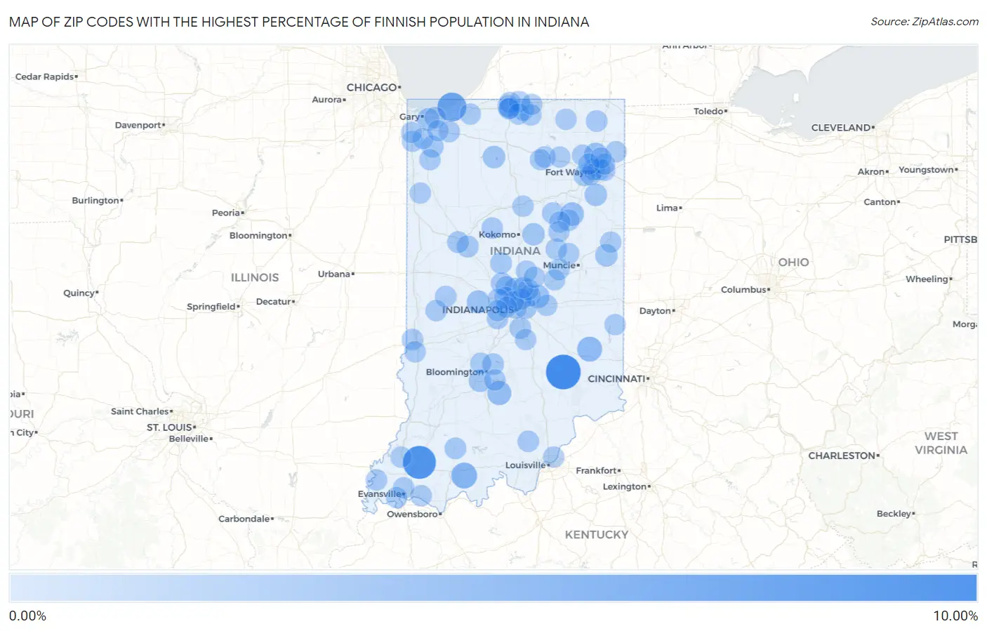 Zip Codes with the Highest Percentage of Finnish Population in Indiana Map