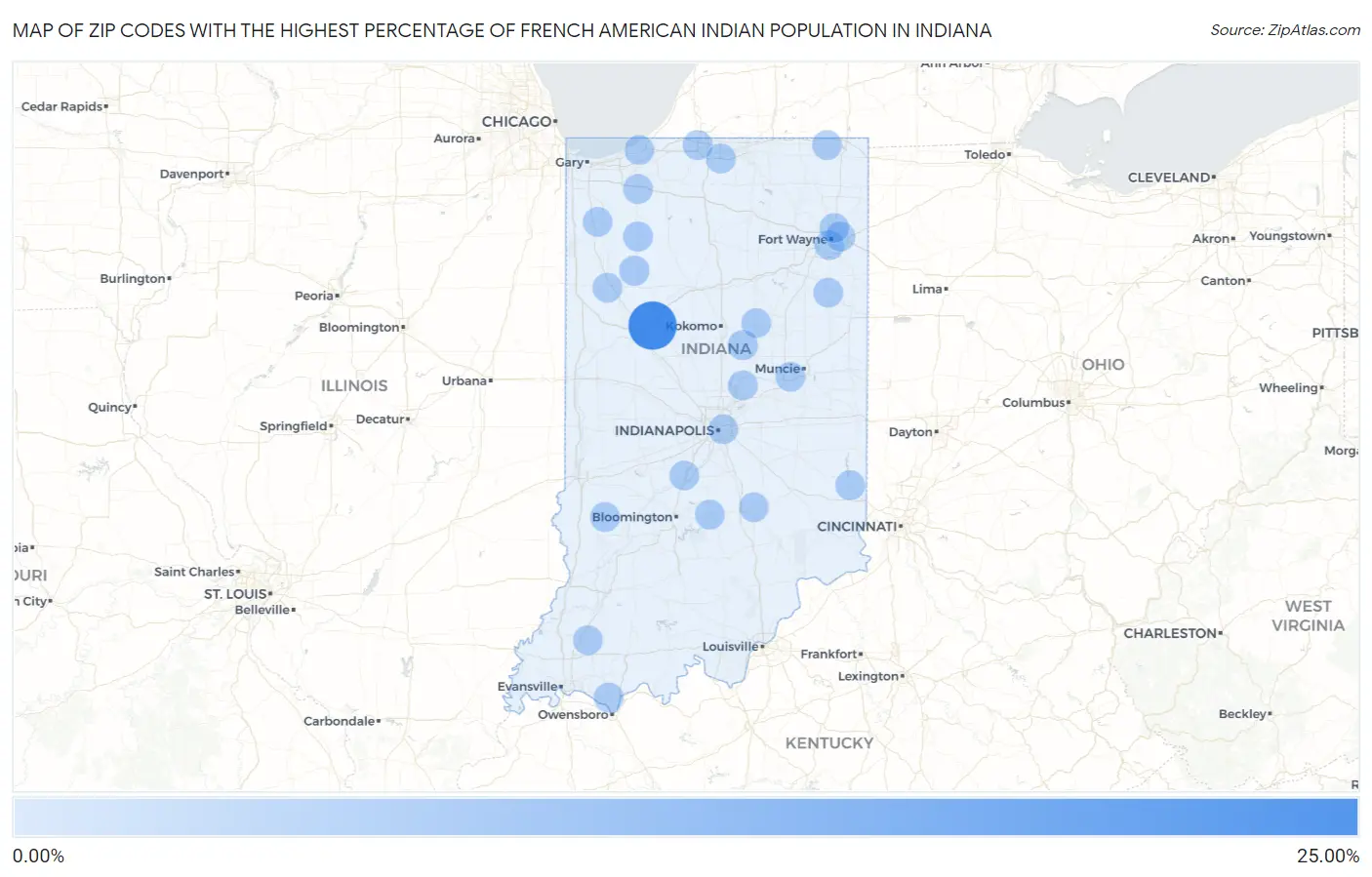 Zip Codes with the Highest Percentage of French American Indian Population in Indiana Map