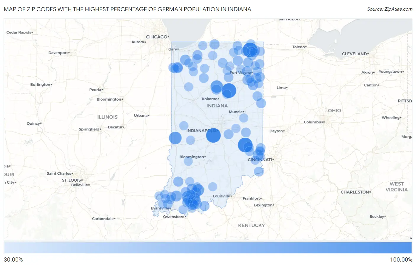 Zip Codes with the Highest Percentage of German Population in Indiana Map