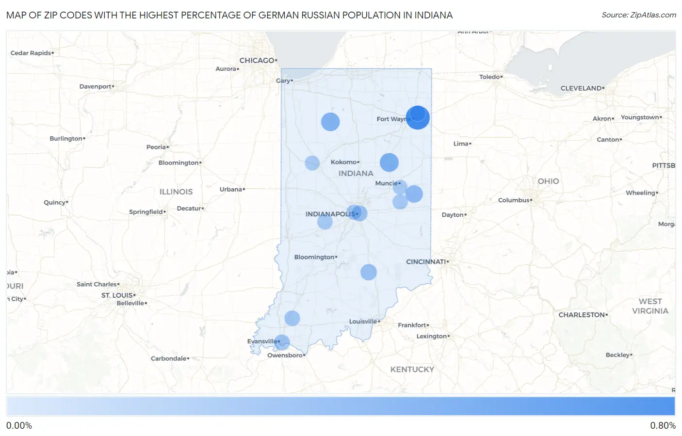 Zip Codes with the Highest Percentage of German Russian Population in Indiana Map