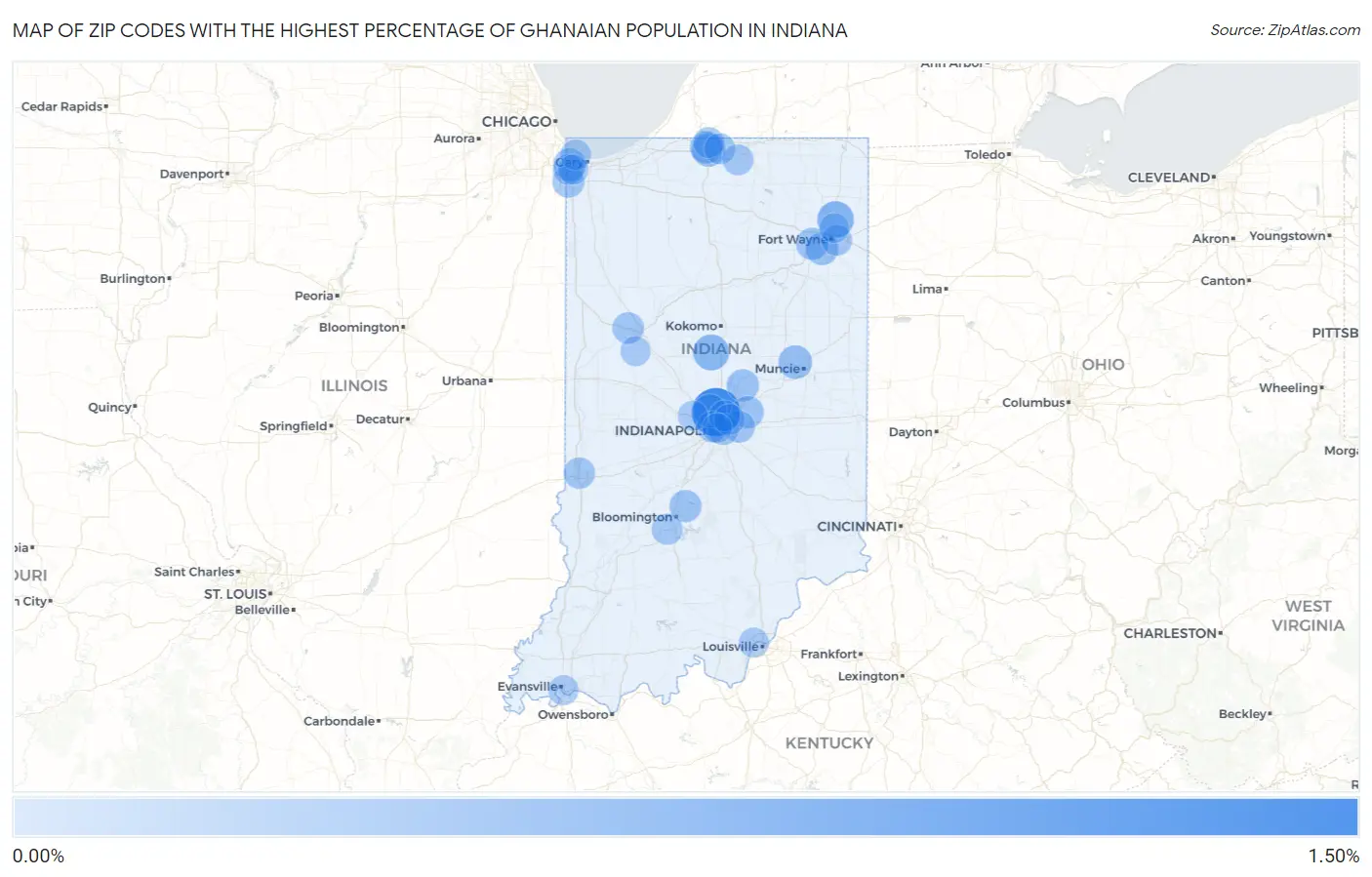 Zip Codes with the Highest Percentage of Ghanaian Population in Indiana Map