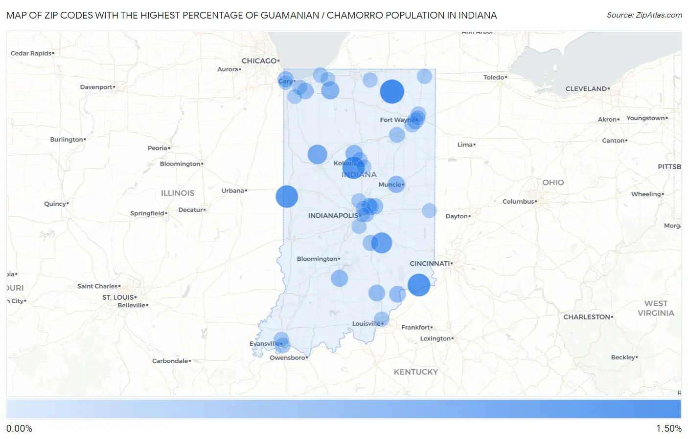 Zip Codes with the Highest Percentage of Guamanian / Chamorro Population in Indiana Map