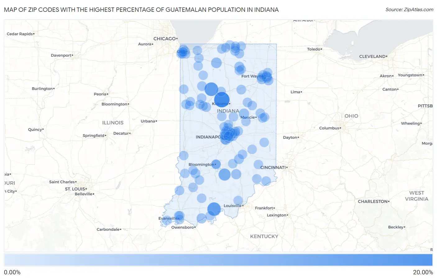 Zip Codes with the Highest Percentage of Guatemalan Population in Indiana Map
