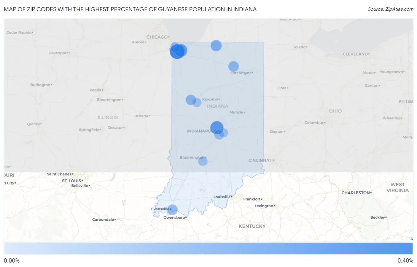 Zip Codes with the Highest Percentage of Guyanese Population in Indiana Map