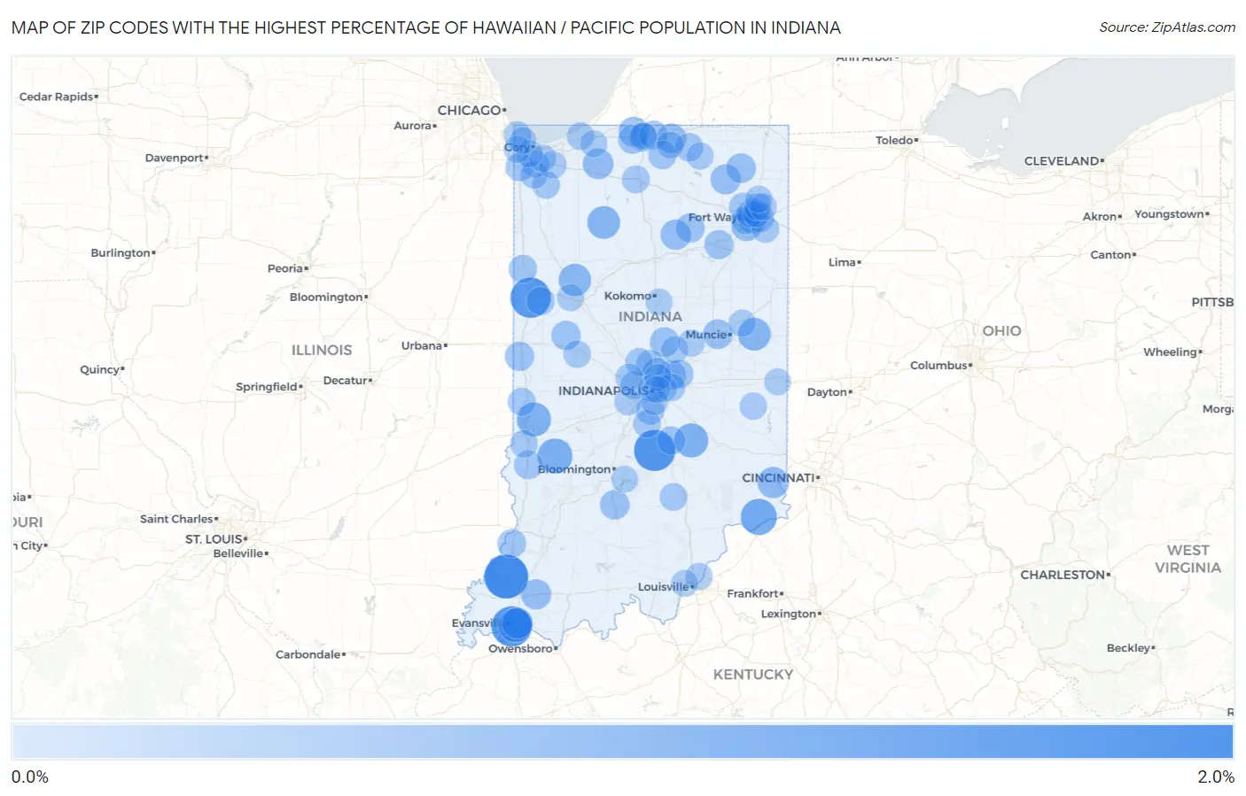 Zip Codes with the Highest Percentage of Hawaiian / Pacific Population in Indiana Map