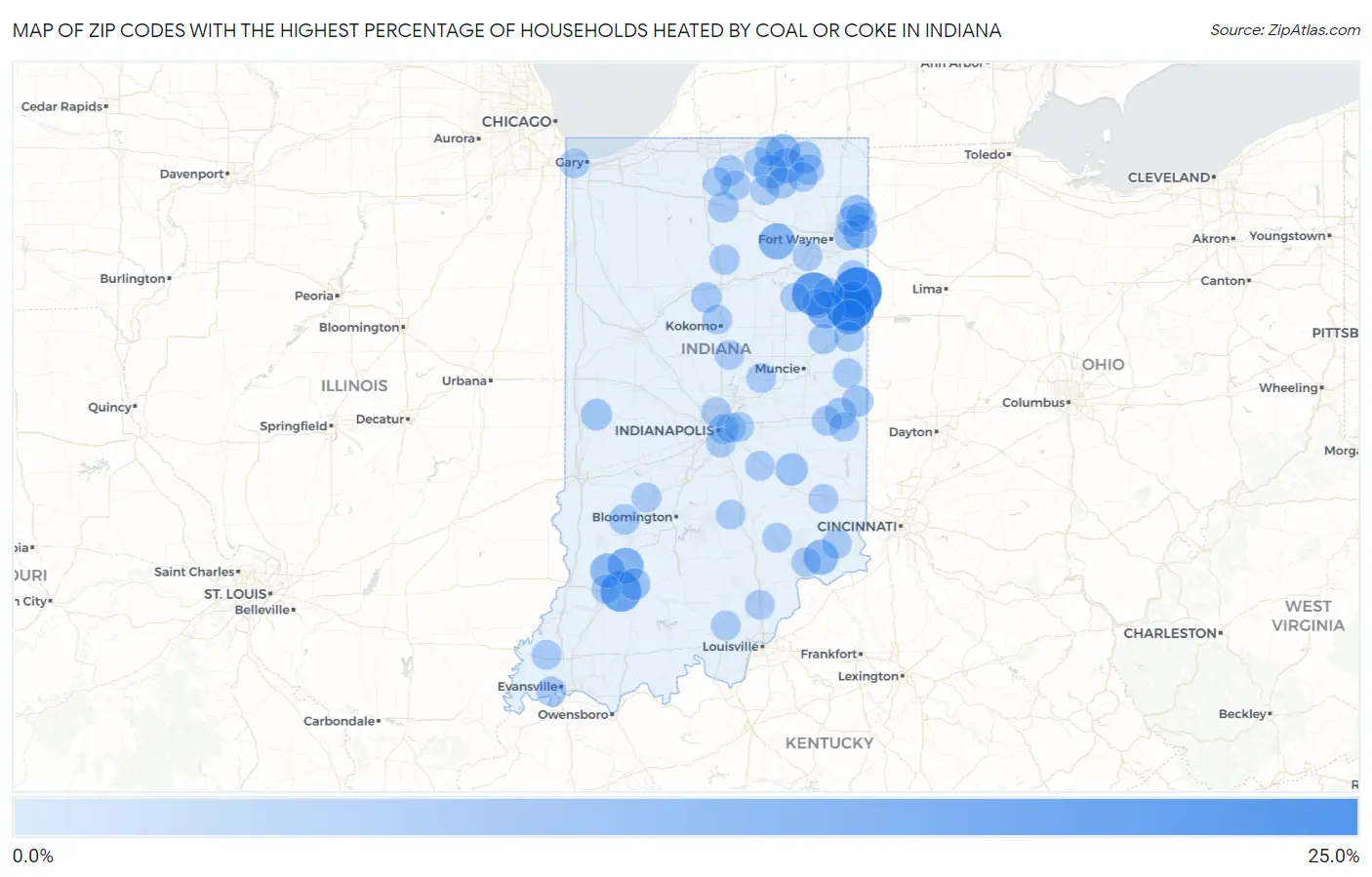 Zip Codes with the Highest Percentage of Households Heated by Coal or Coke in Indiana Map