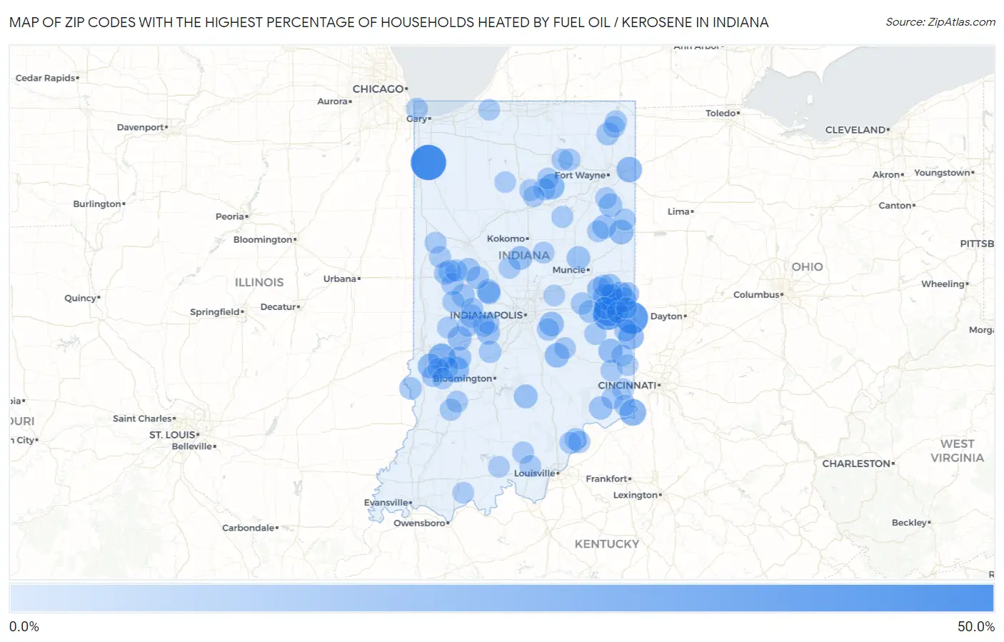 Zip Codes with the Highest Percentage of Households Heated by Fuel Oil / Kerosene in Indiana Map