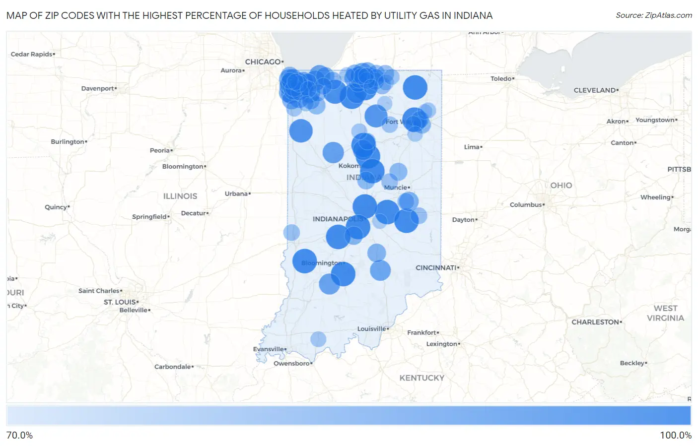 Zip Codes with the Highest Percentage of Households Heated by Utility Gas in Indiana Map