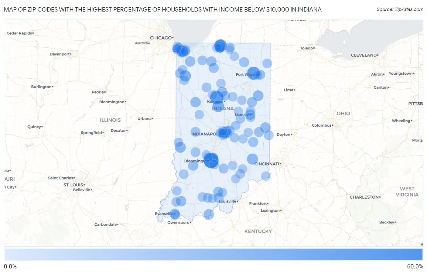 Zip Codes with the Highest Percentage of Households with Income Below $10,000 in Indiana Map