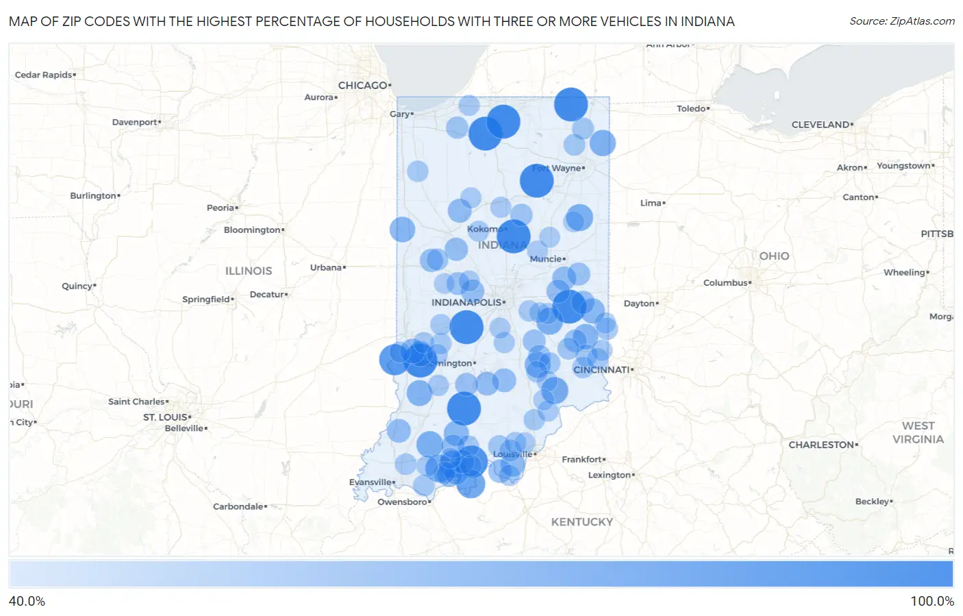 Zip Codes with the Highest Percentage of Households With Three or more Vehicles in Indiana Map