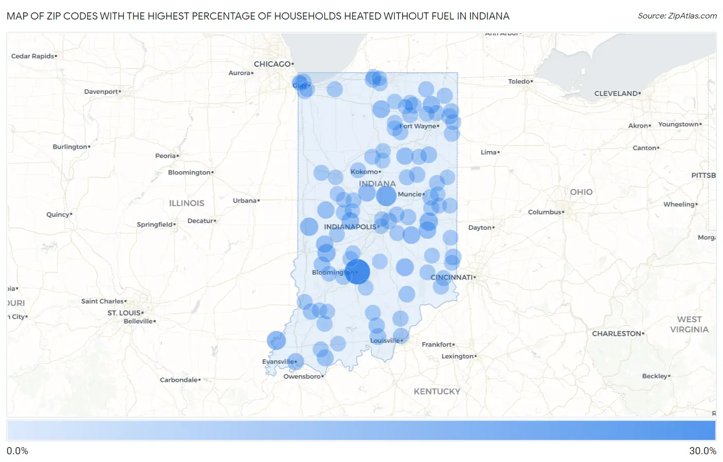 Zip Codes with the Highest Percentage of Households Heated without Fuel in Indiana Map