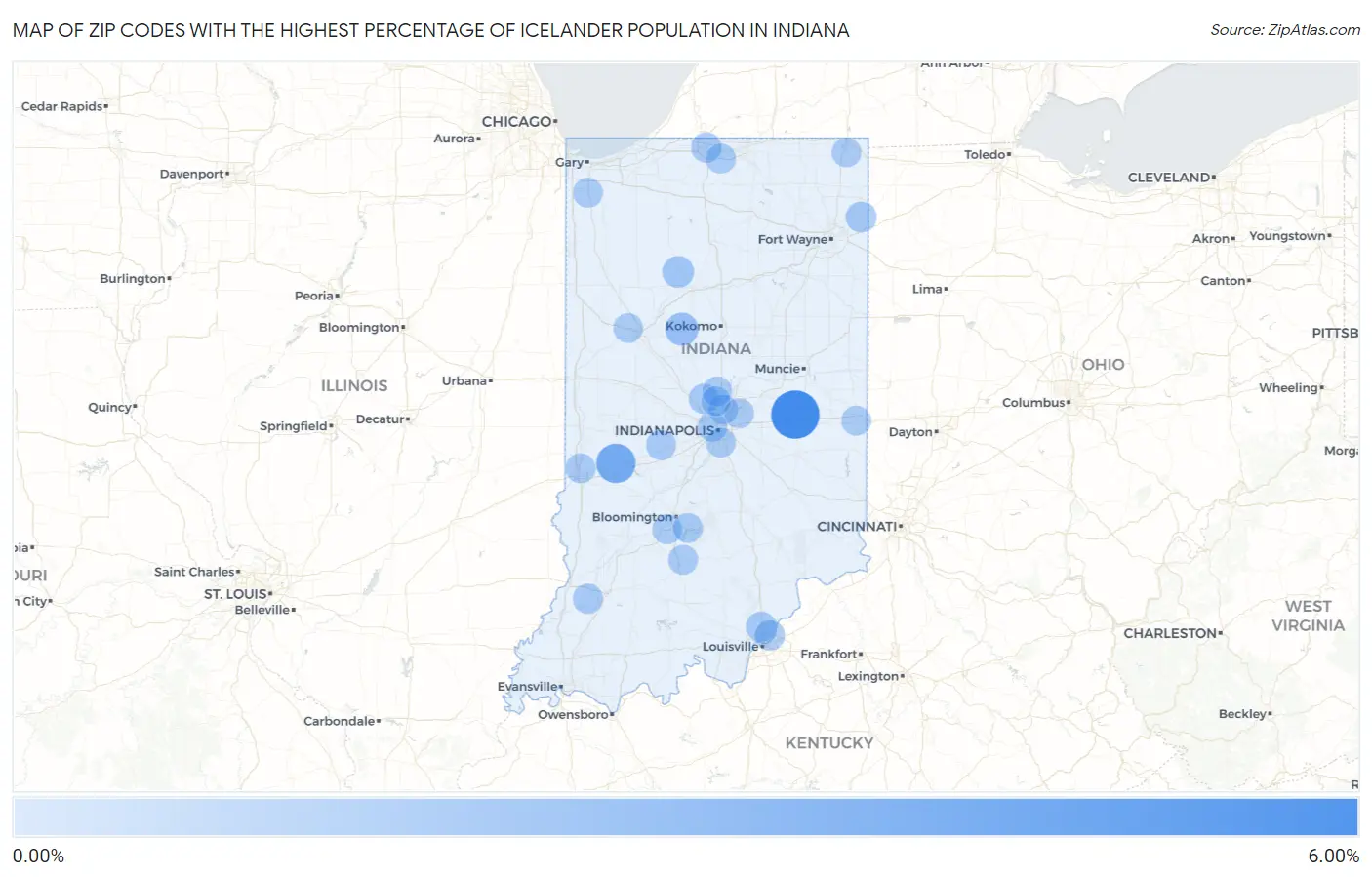 Zip Codes with the Highest Percentage of Icelander Population in Indiana Map