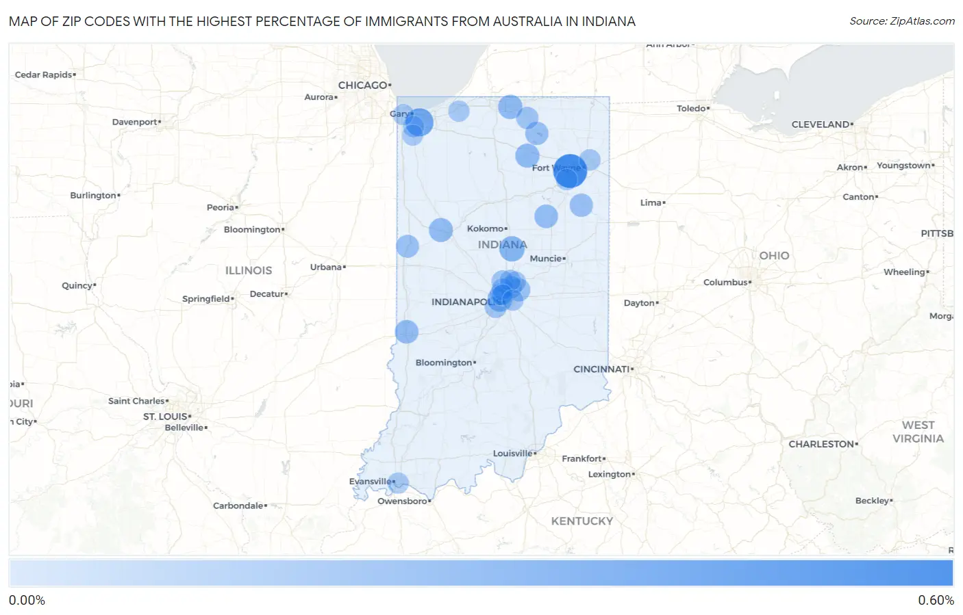 Zip Codes with the Highest Percentage of Immigrants from Australia in Indiana Map