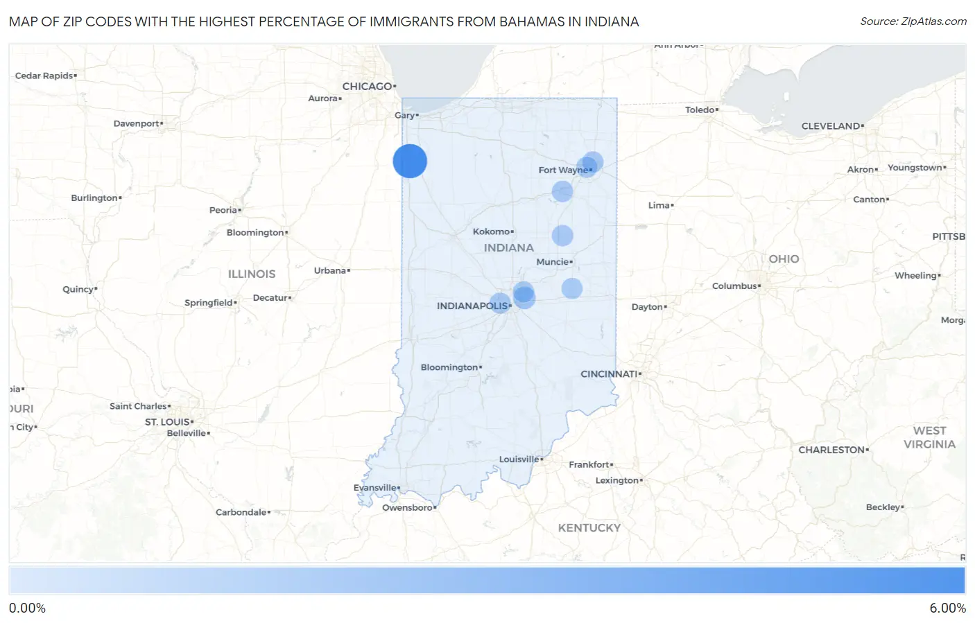 Zip Codes with the Highest Percentage of Immigrants from Bahamas in Indiana Map