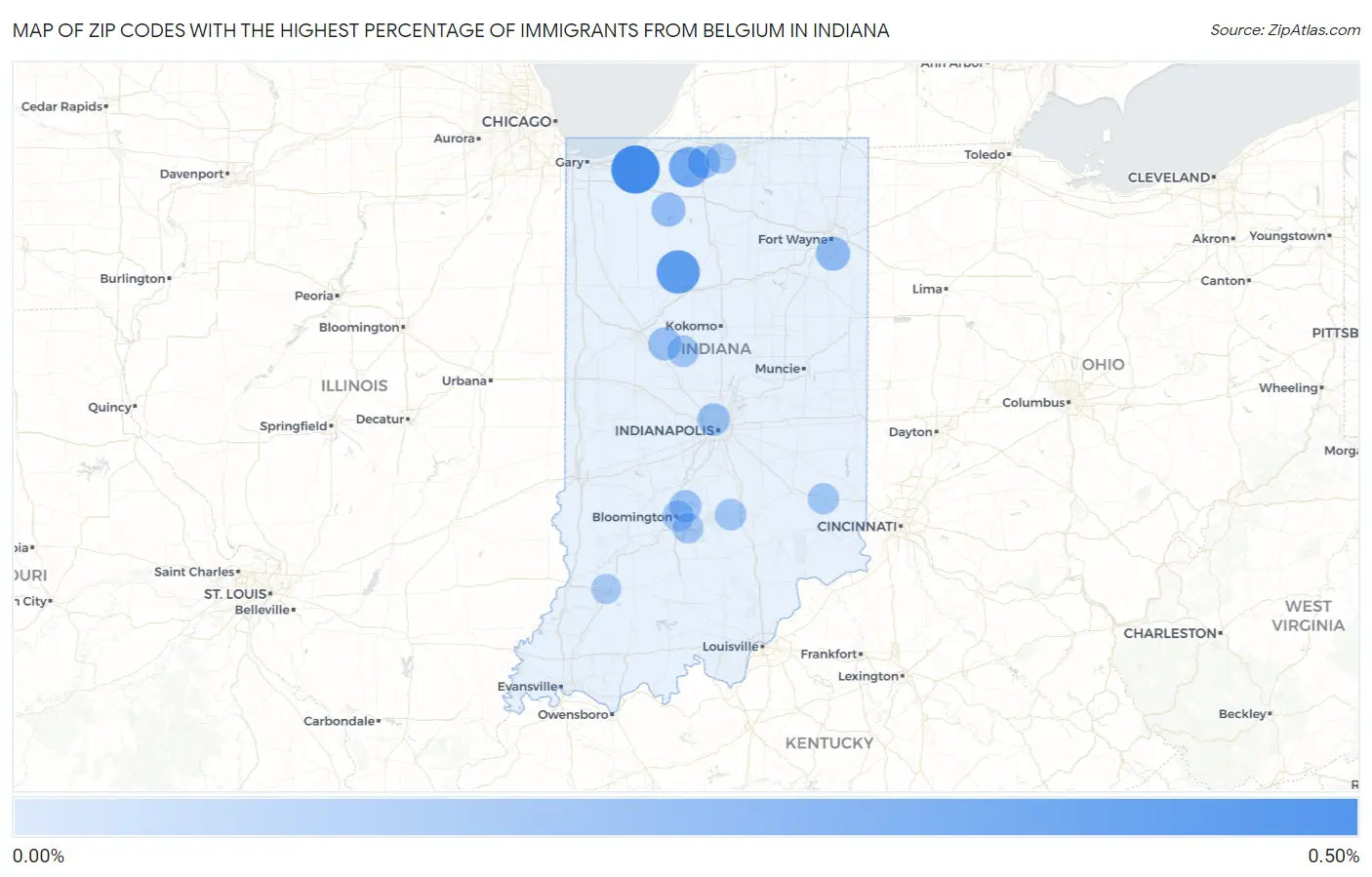 Zip Codes with the Highest Percentage of Immigrants from Belgium in Indiana Map