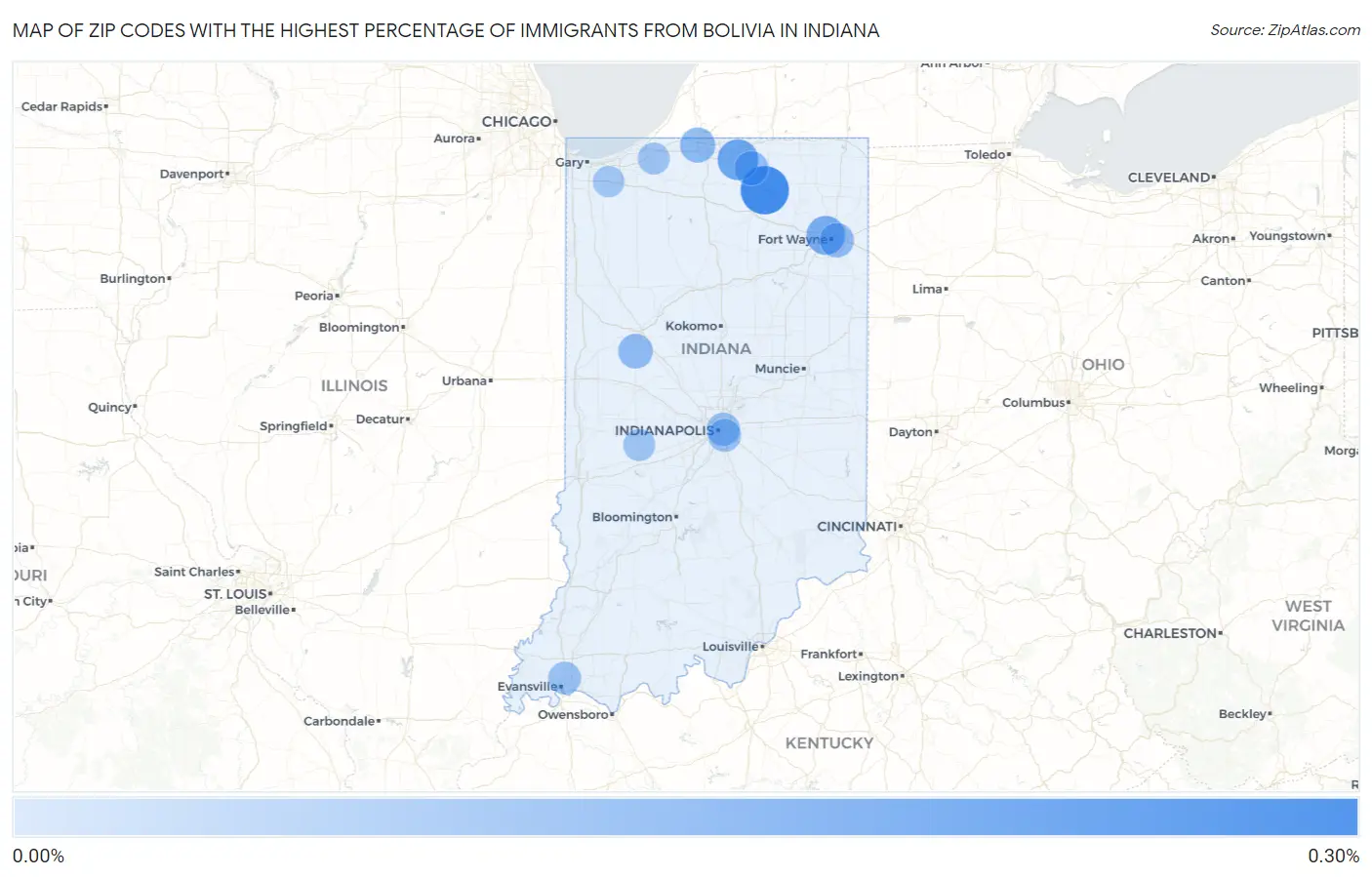 Zip Codes with the Highest Percentage of Immigrants from Bolivia in Indiana Map