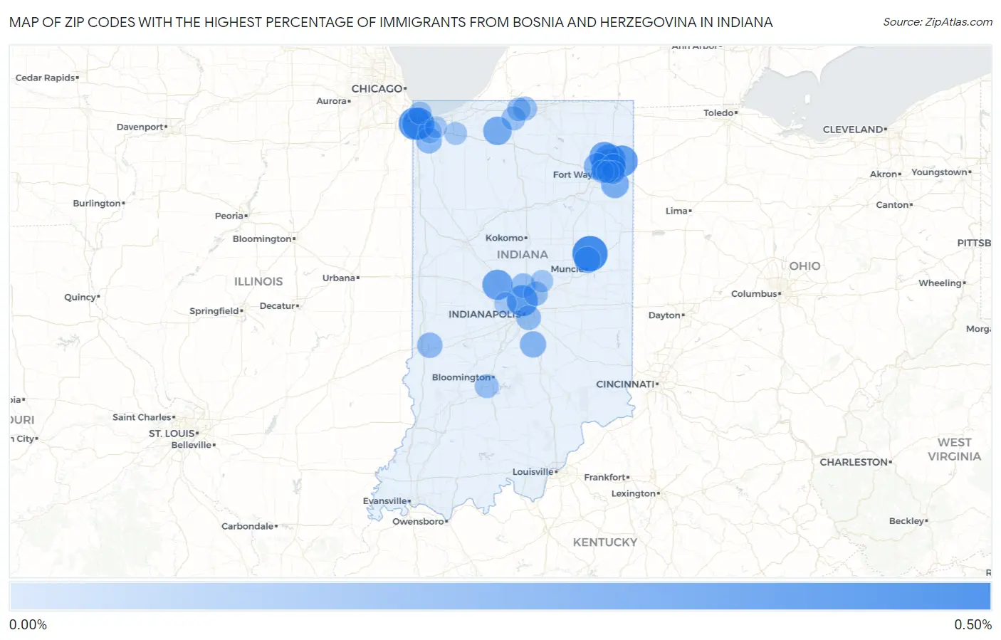 Zip Codes with the Highest Percentage of Immigrants from Bosnia and Herzegovina in Indiana Map