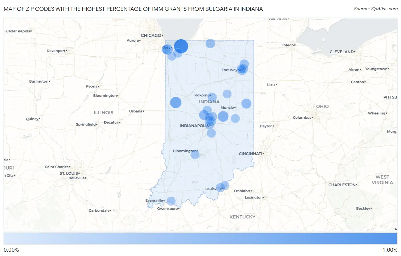 Zip Codes with the Highest Percentage of Immigrants from Bulgaria in Indiana Map