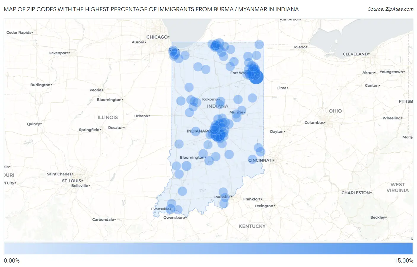 Zip Codes with the Highest Percentage of Immigrants from Burma / Myanmar in Indiana Map