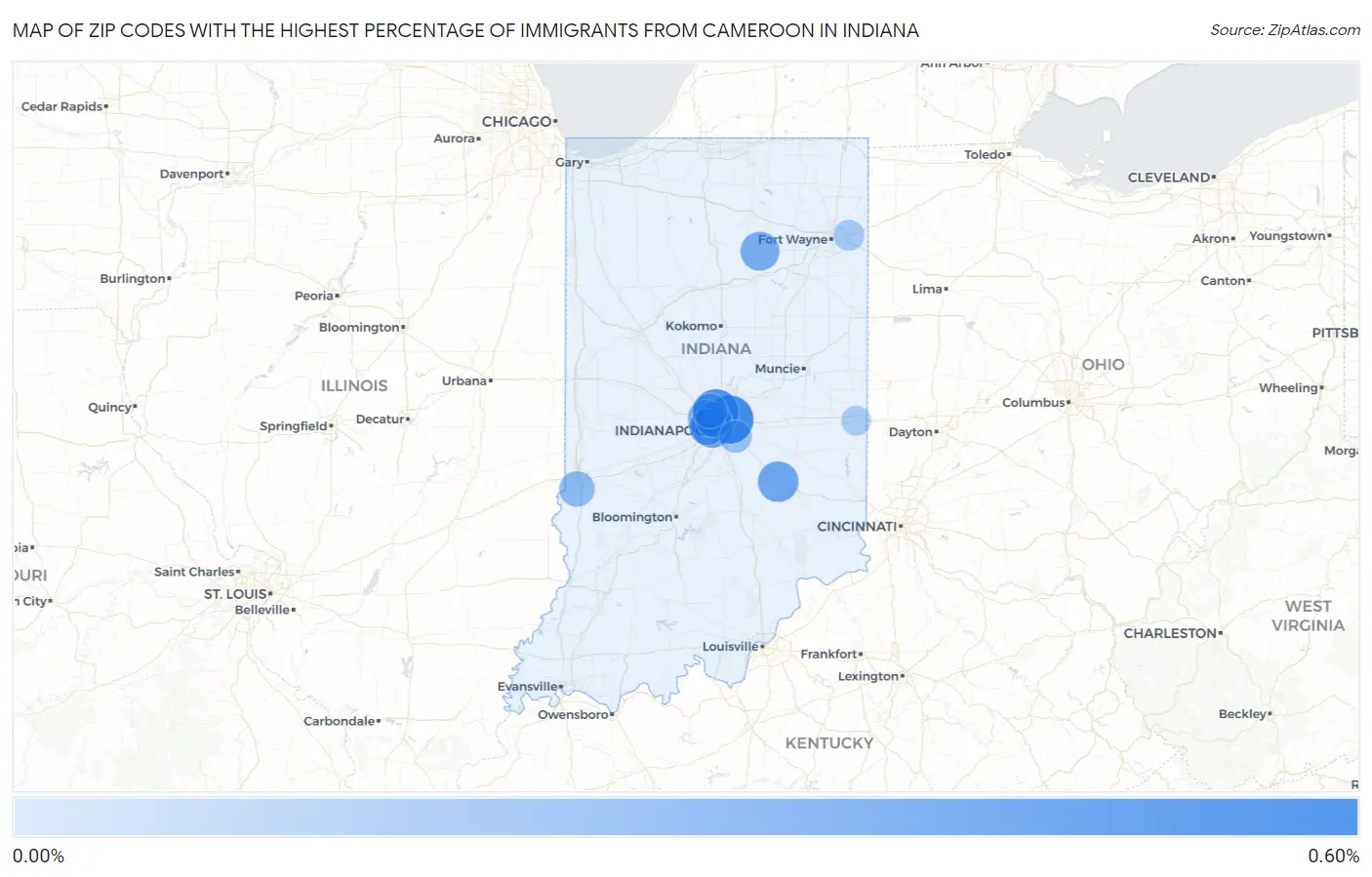 Zip Codes with the Highest Percentage of Immigrants from Cameroon in Indiana Map