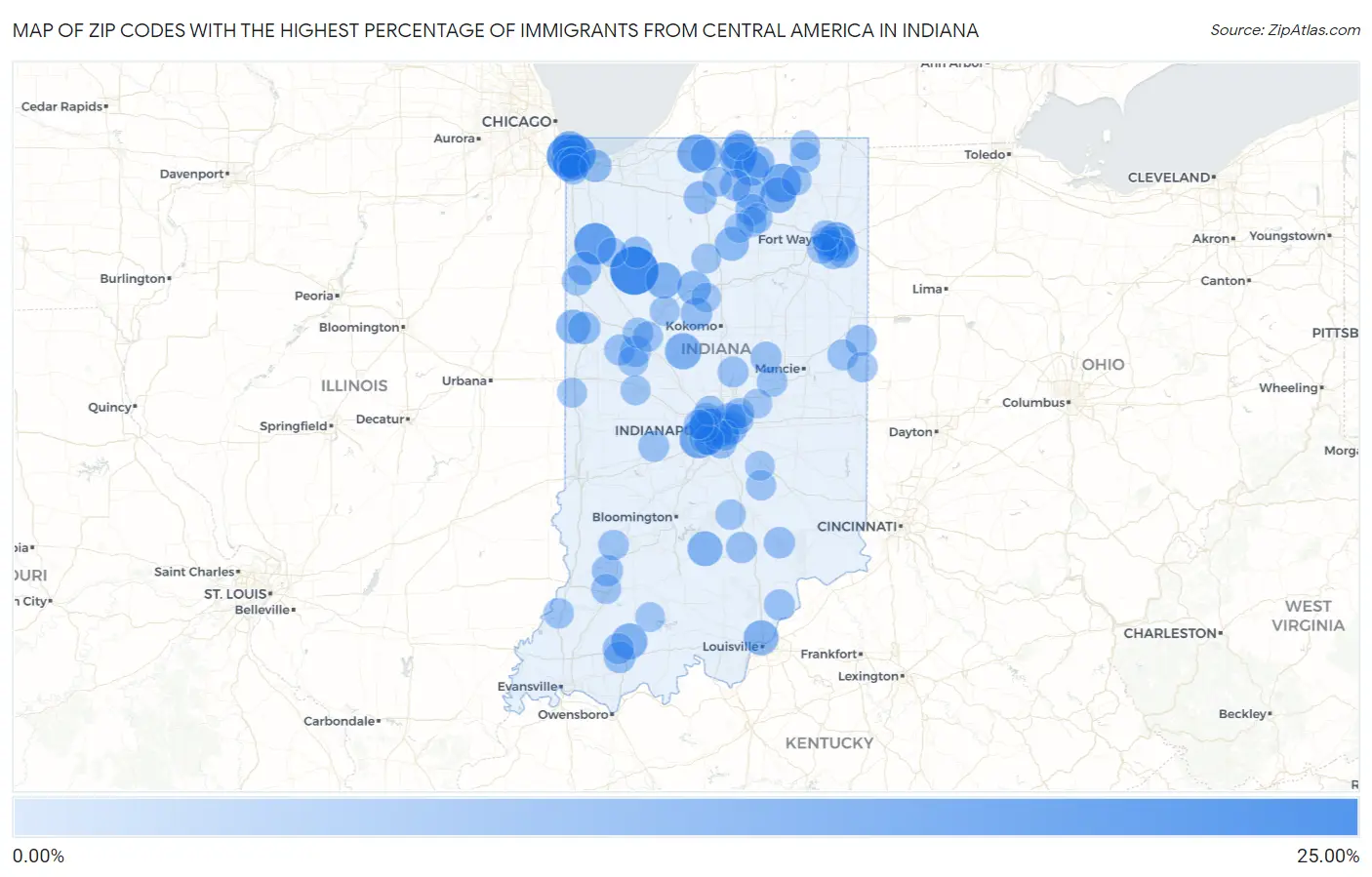 Zip Codes with the Highest Percentage of Immigrants from Central America in Indiana Map