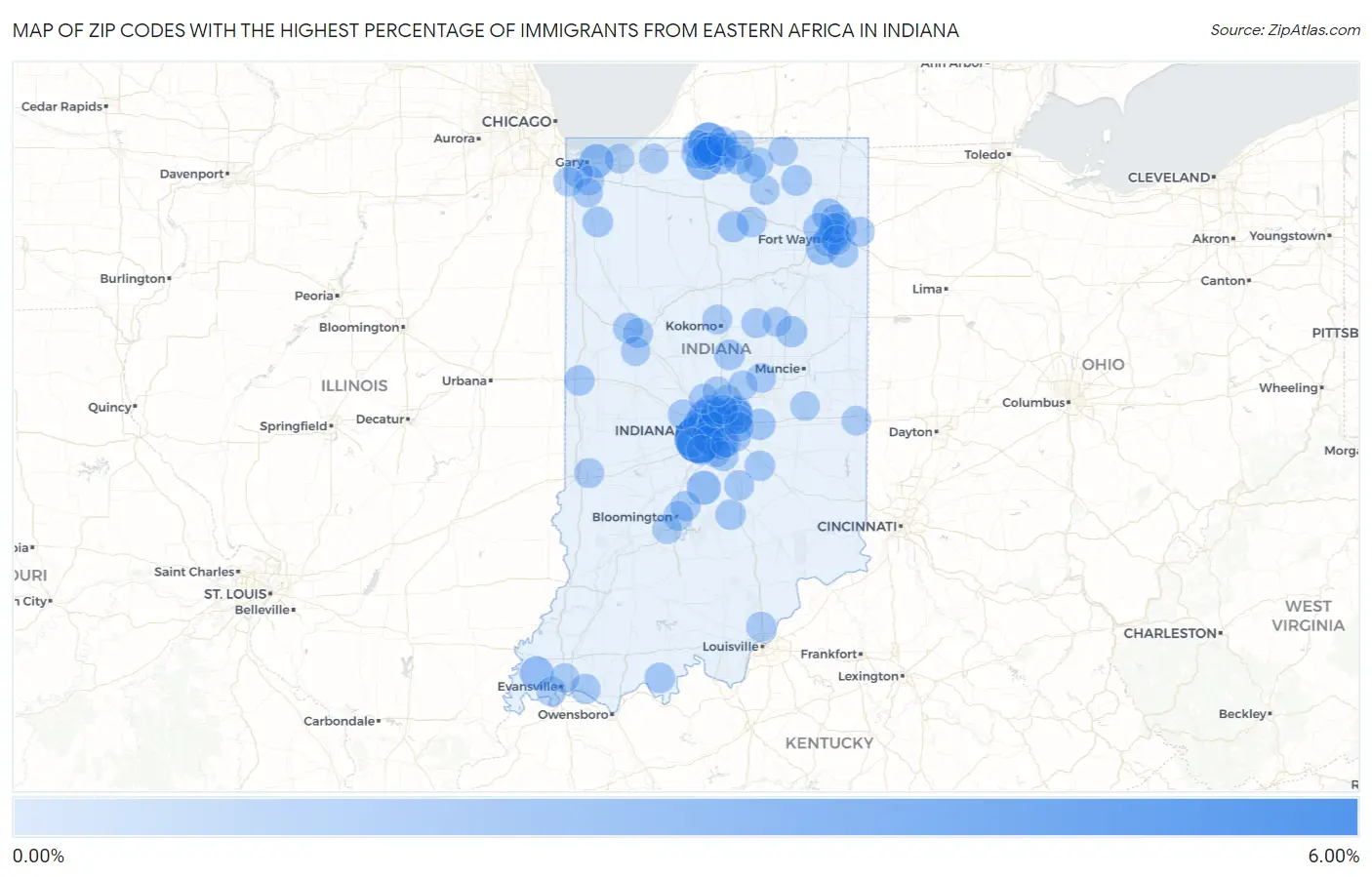 Zip Codes with the Highest Percentage of Immigrants from Eastern Africa in Indiana Map