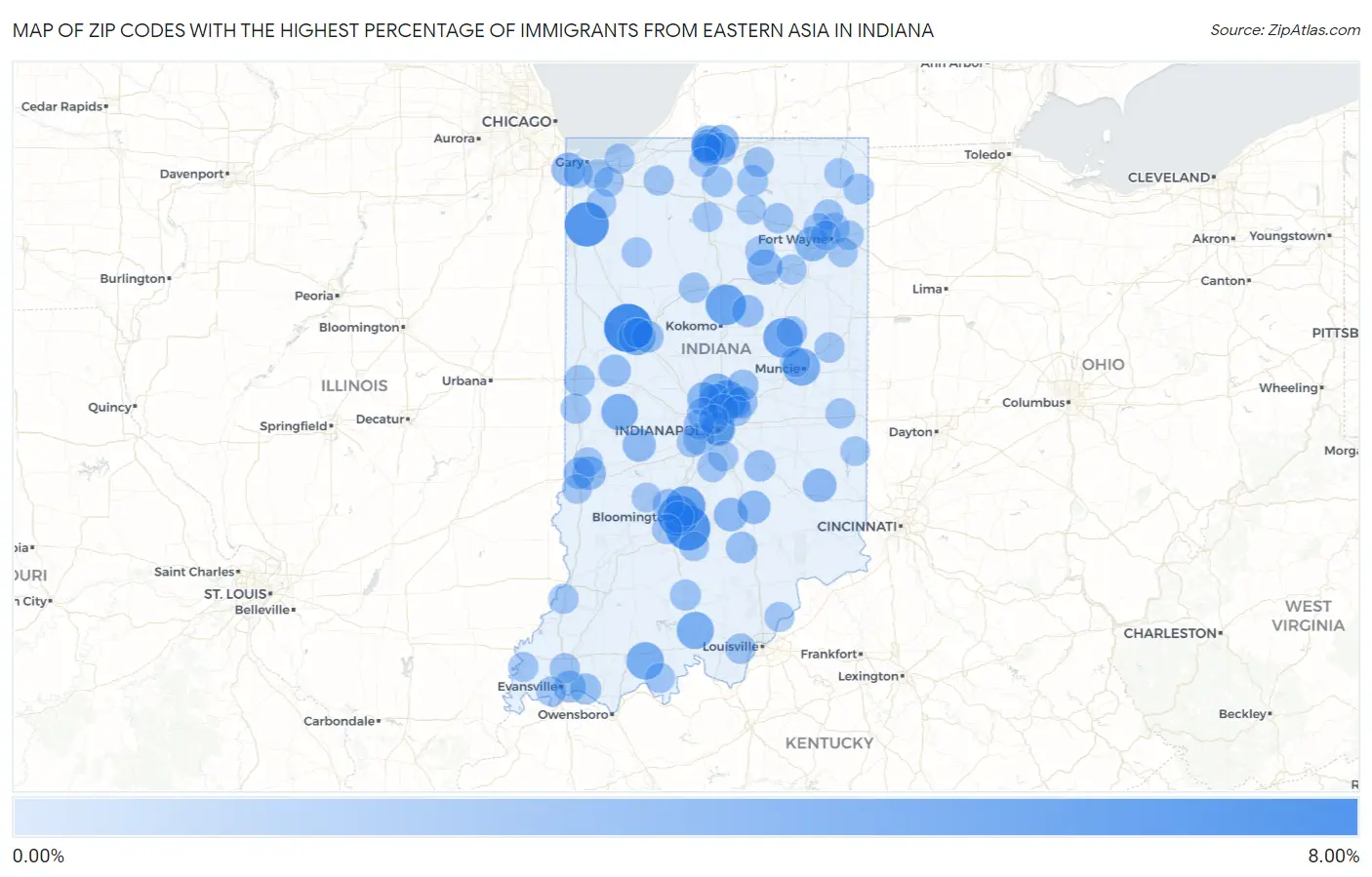Zip Codes with the Highest Percentage of Immigrants from Eastern Asia in Indiana Map