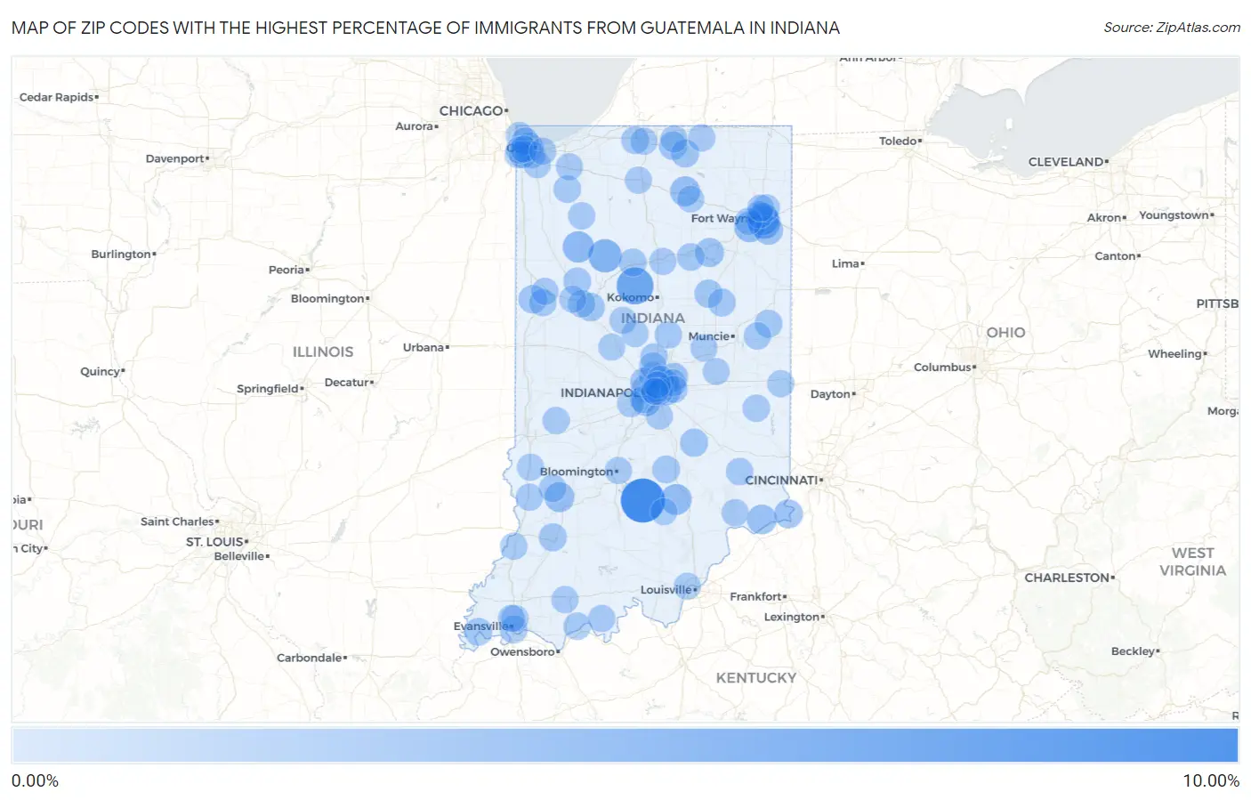 Zip Codes with the Highest Percentage of Immigrants from Guatemala in Indiana Map