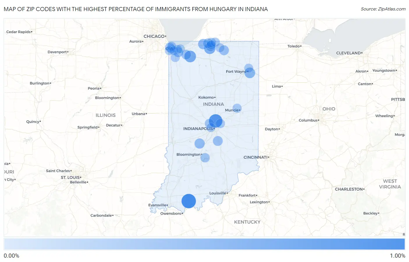 Zip Codes with the Highest Percentage of Immigrants from Hungary in Indiana Map