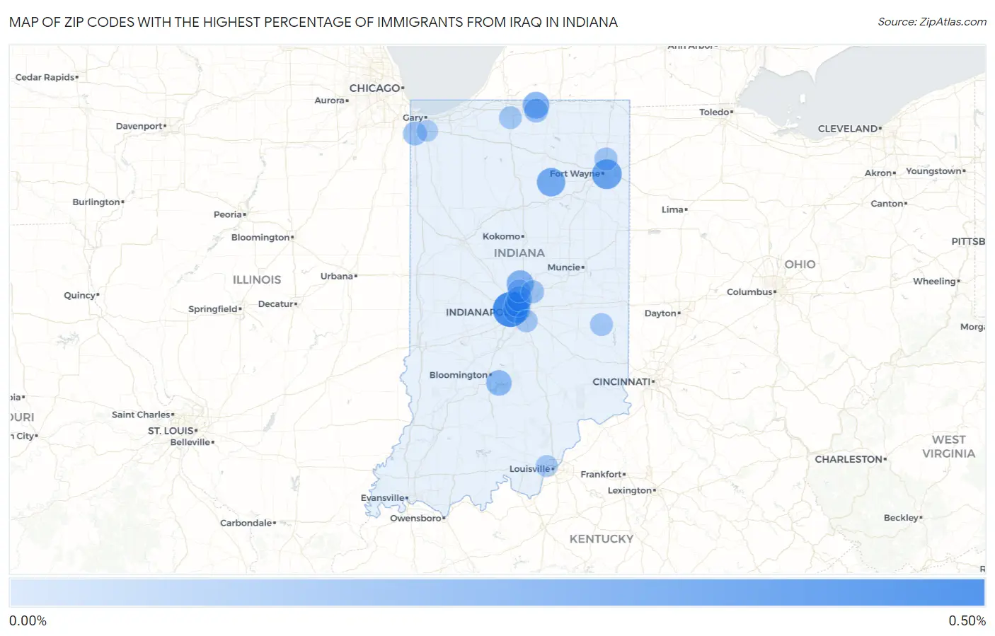 Zip Codes with the Highest Percentage of Immigrants from Iraq in Indiana Map
